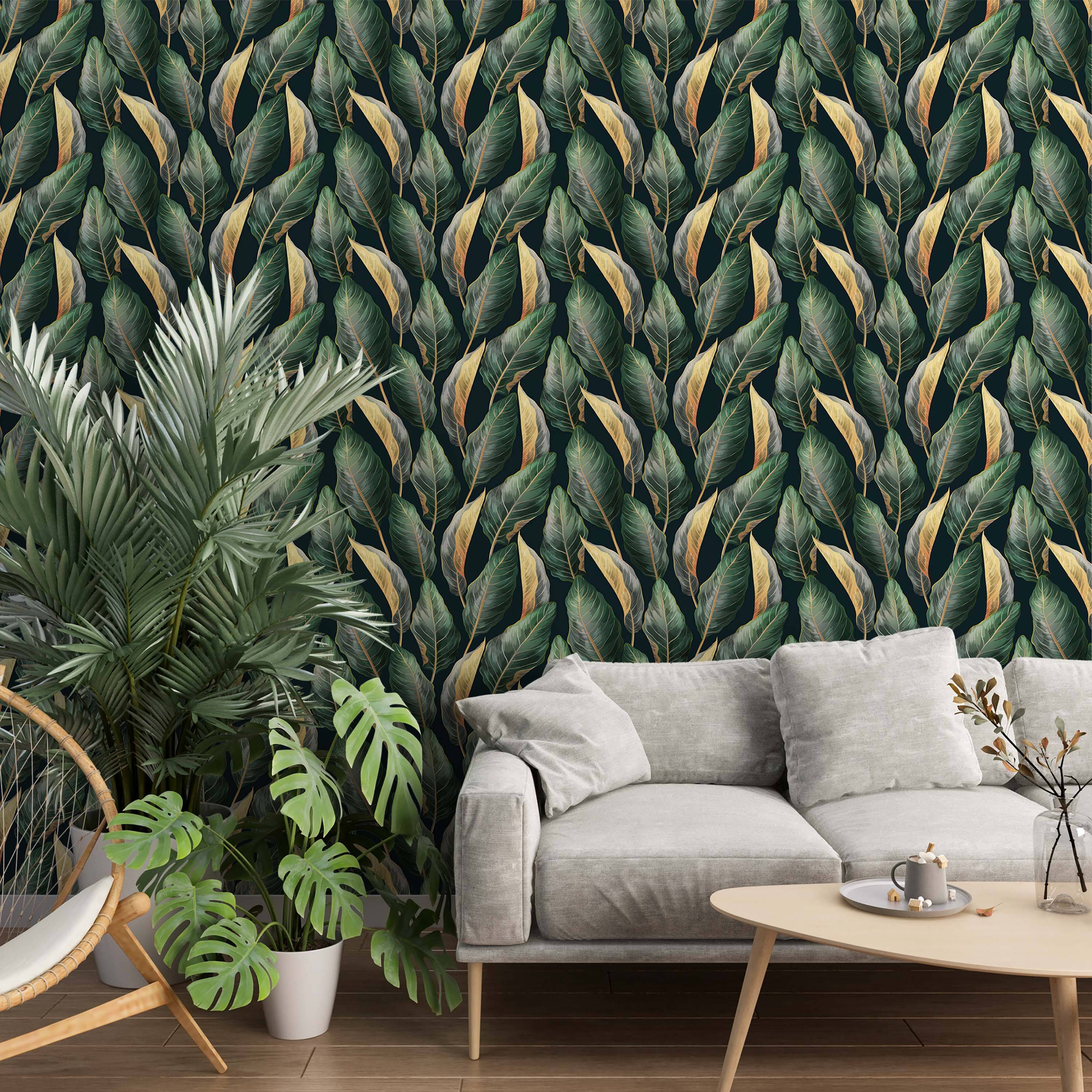 Wallpaper design with a repeating pattern of lush tropical leaves in dark green and shimmering gold, set against a dark background.