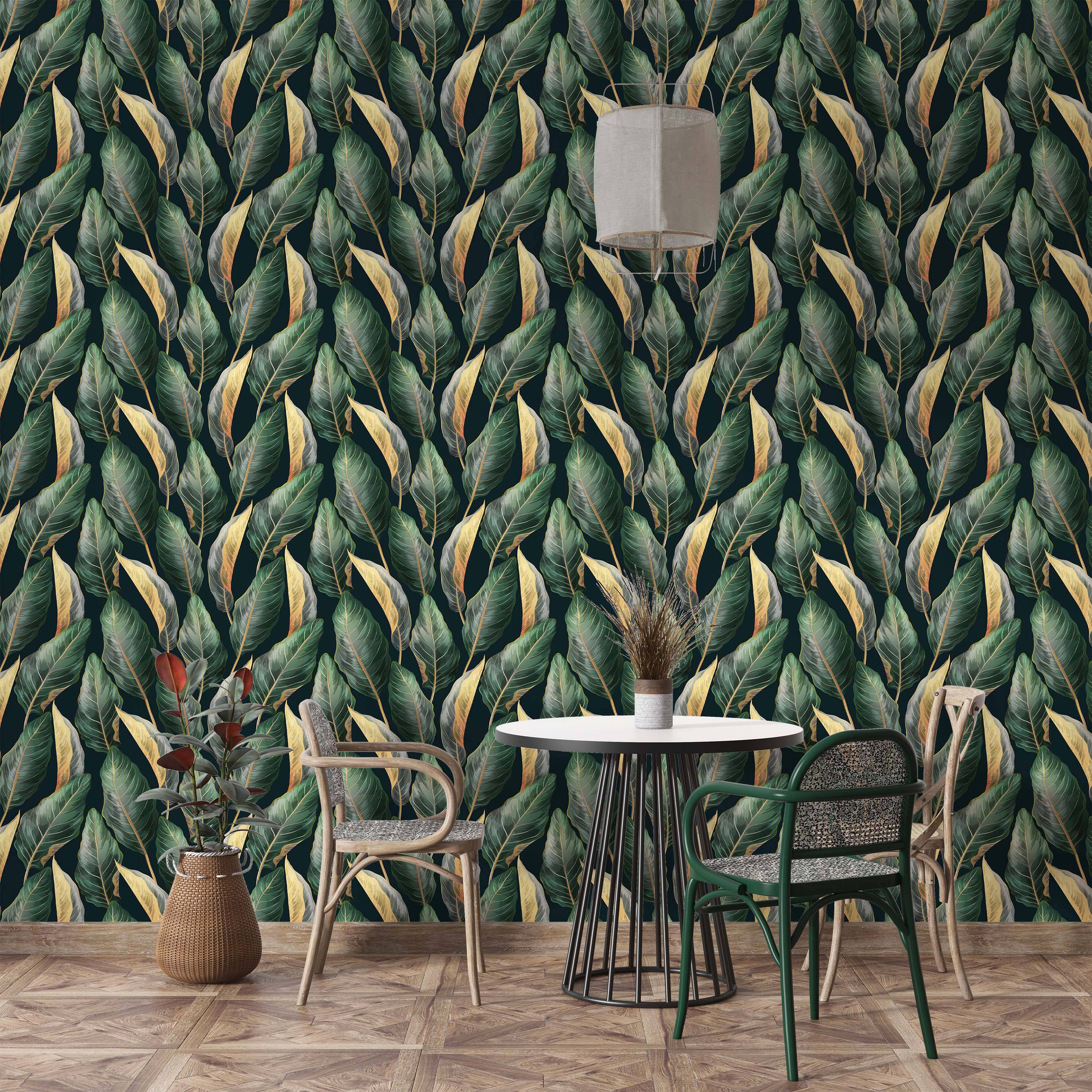 Dark wallpaper with a stylized repeating pattern of large green and gold tropical leaves.