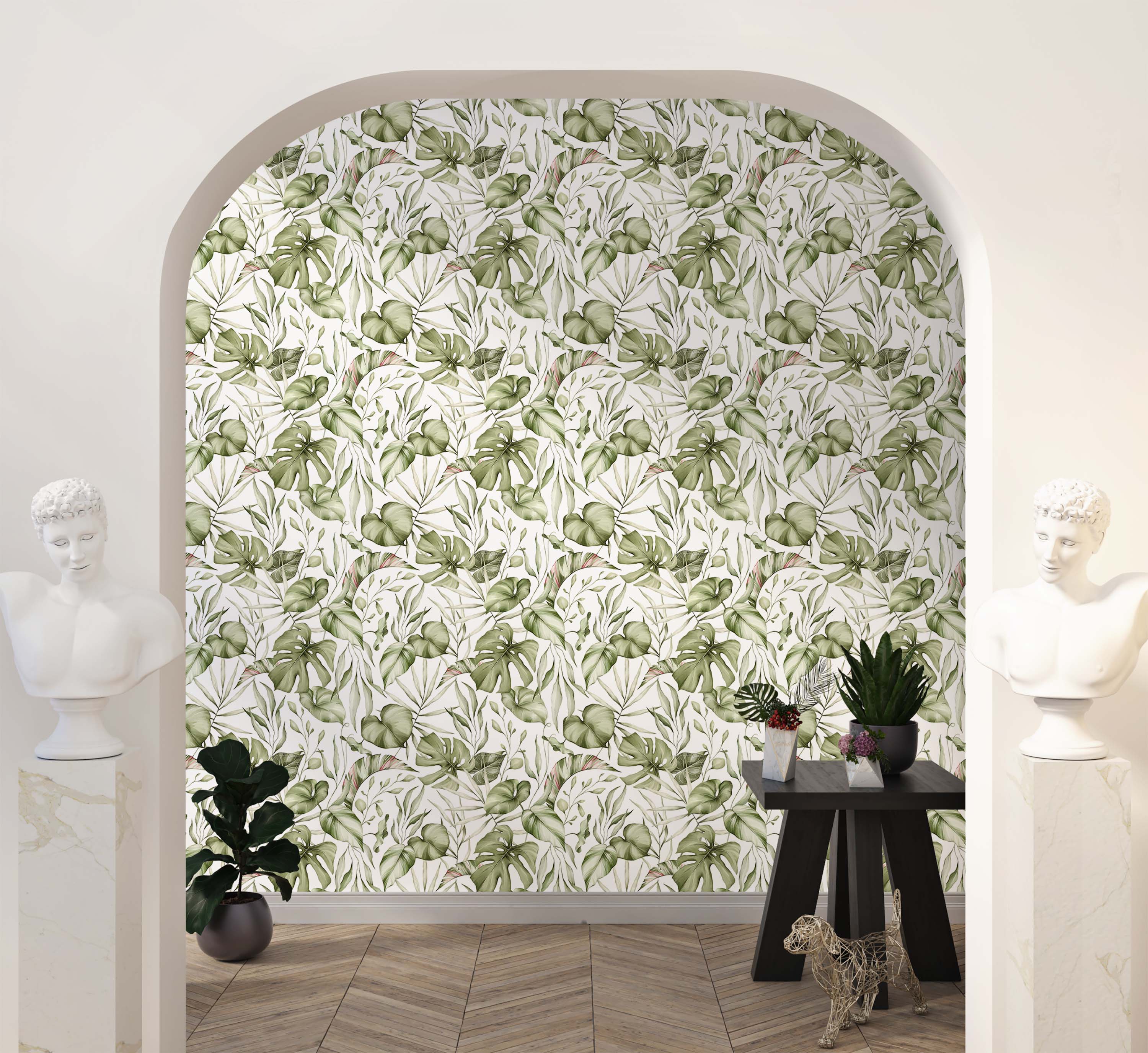 Watercolor wallpaper with a dense pattern of green tropical leaves like monstera and palms on a clean white background.