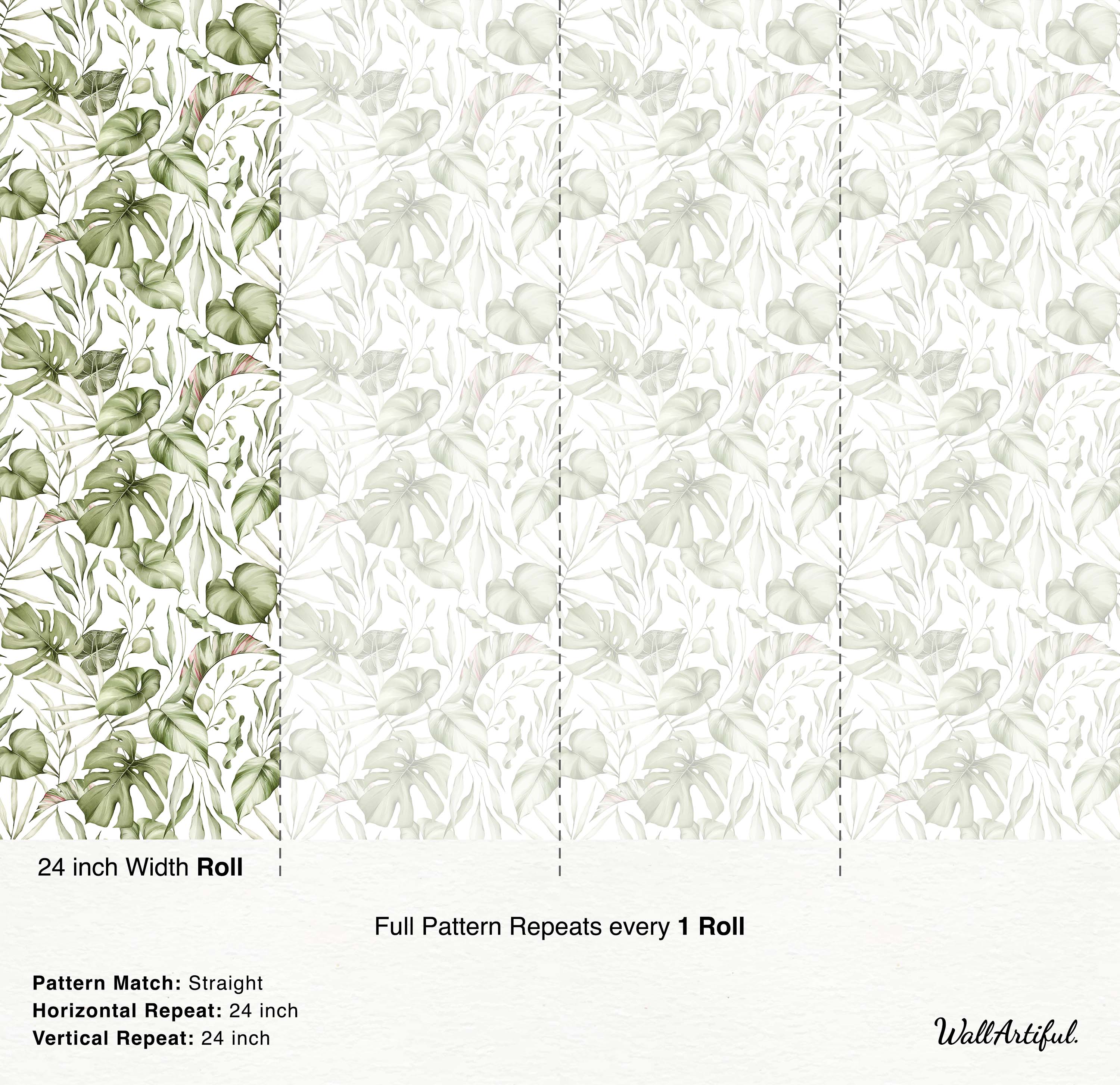 Watercolor wallpaper featuring a pattern of soft green tropical leaves like Monstera and palm fronds on a white background.