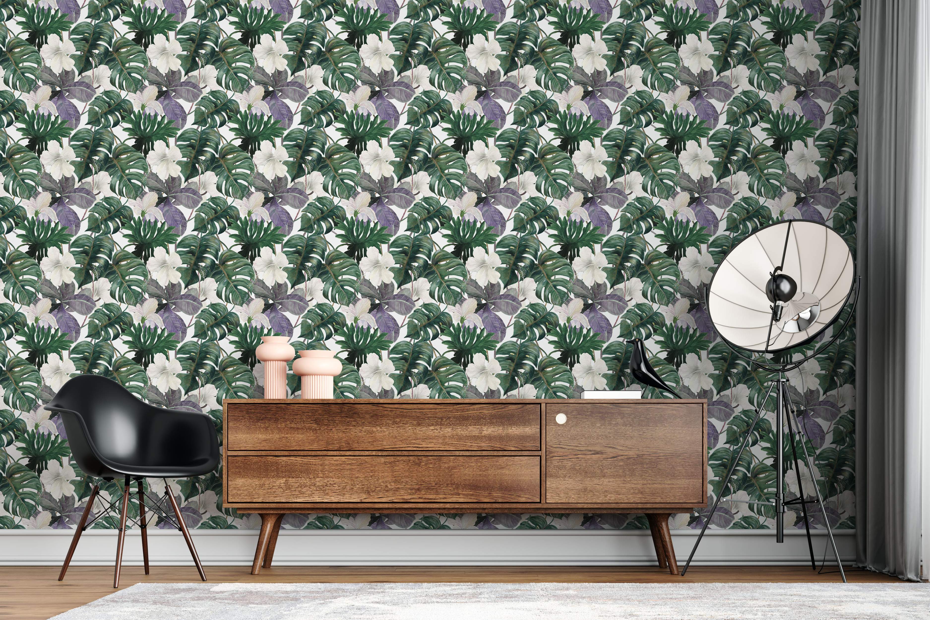 Watercolor tropical wallpaper with green monstera leaves, purple foliage, and white hibiscus flowers in a repeating pattern.