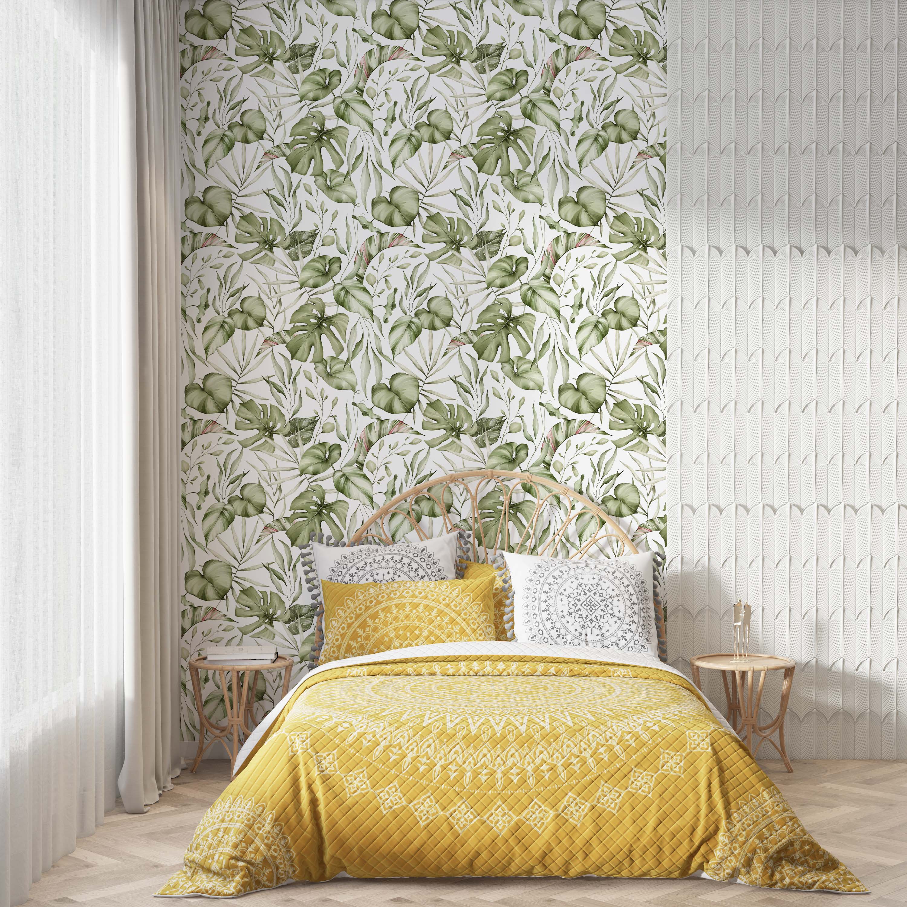 Wallpaper with a repeating pattern of various green tropical leaves in a watercolor style against a white background.