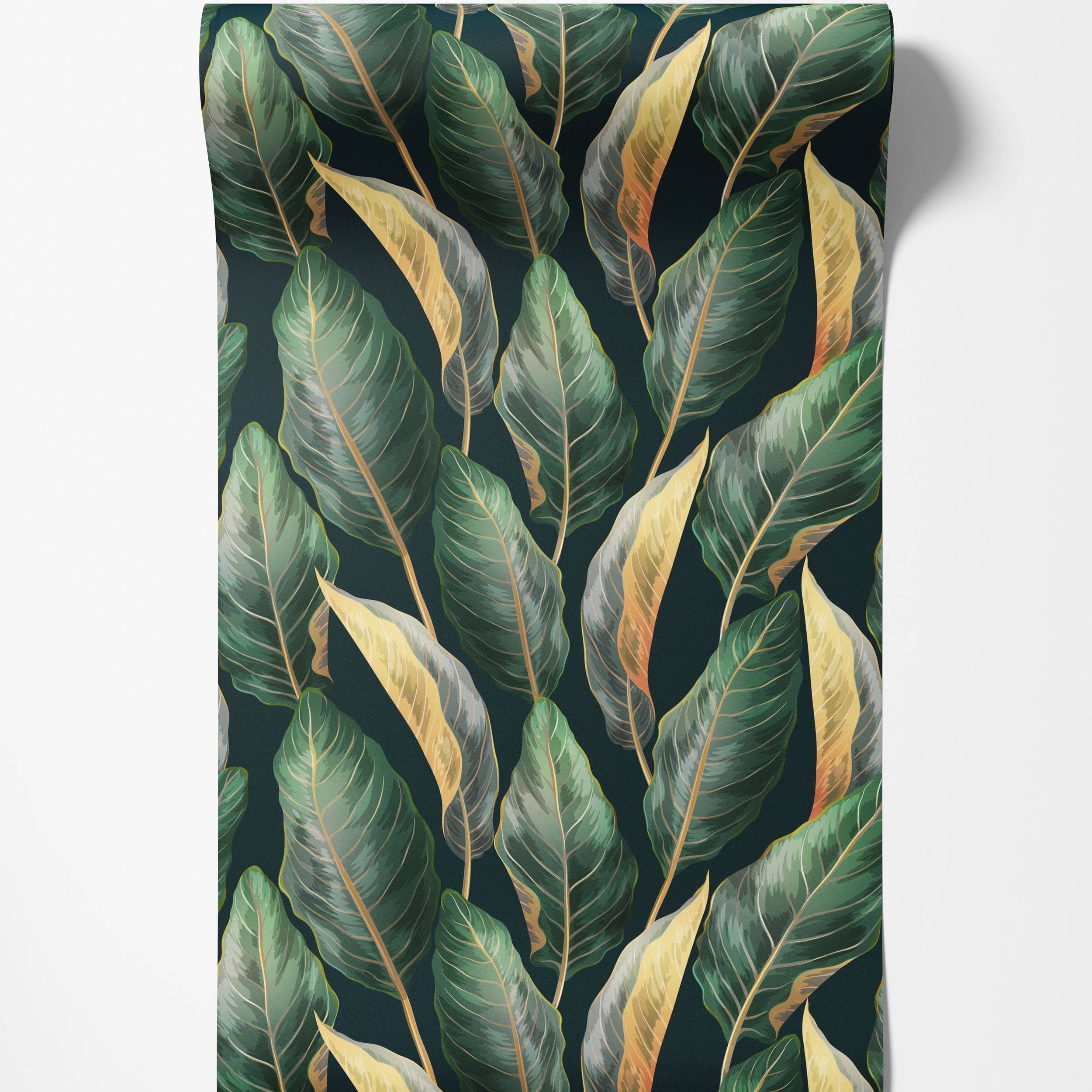 Wallpaper with a repeating pattern of large, stylized tropical leaves in green, yellow, and gold on a dark green background.