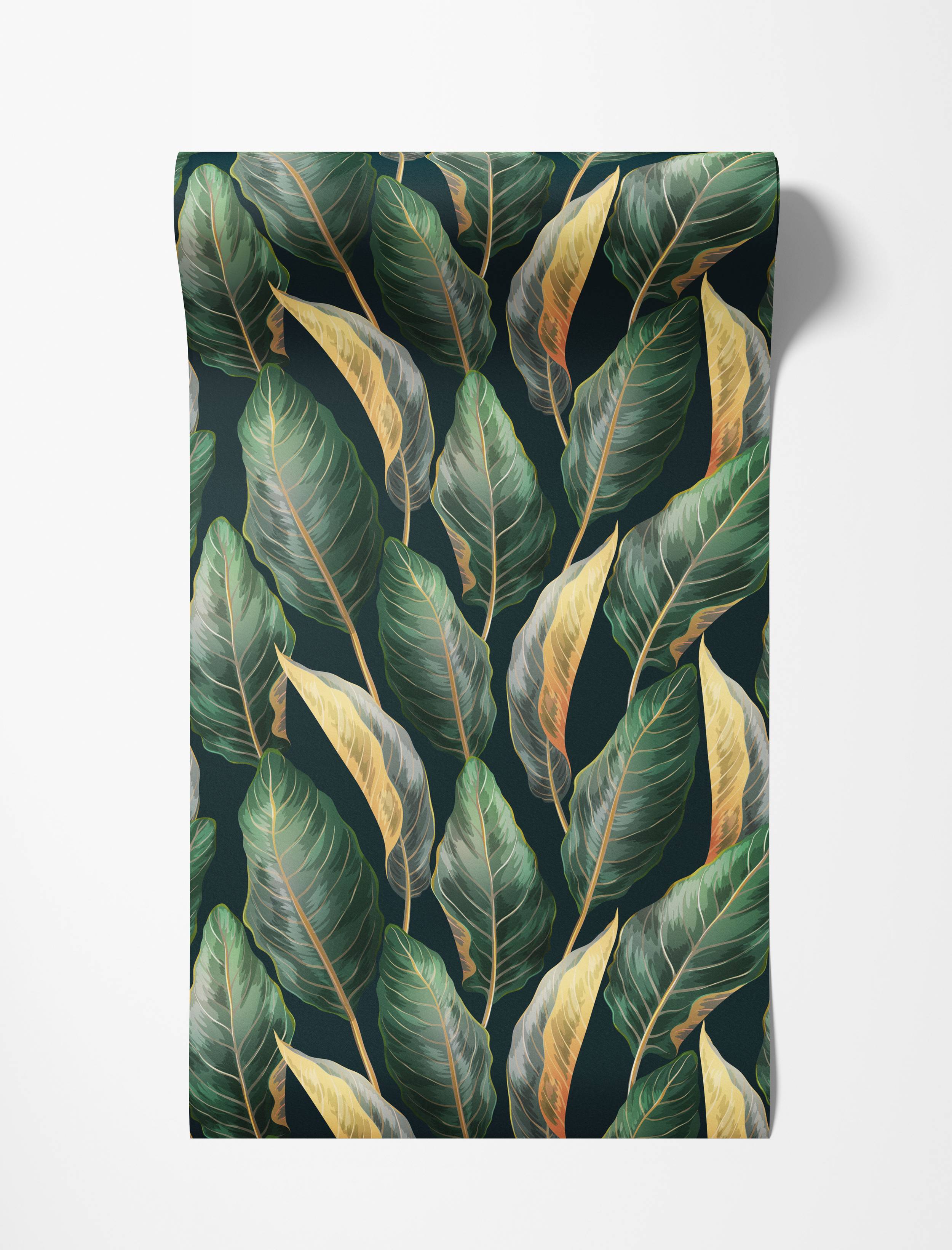 Wallpaper with a repeating pattern of large, stylized tropical leaves in green, yellow, and gold on a dark green background.