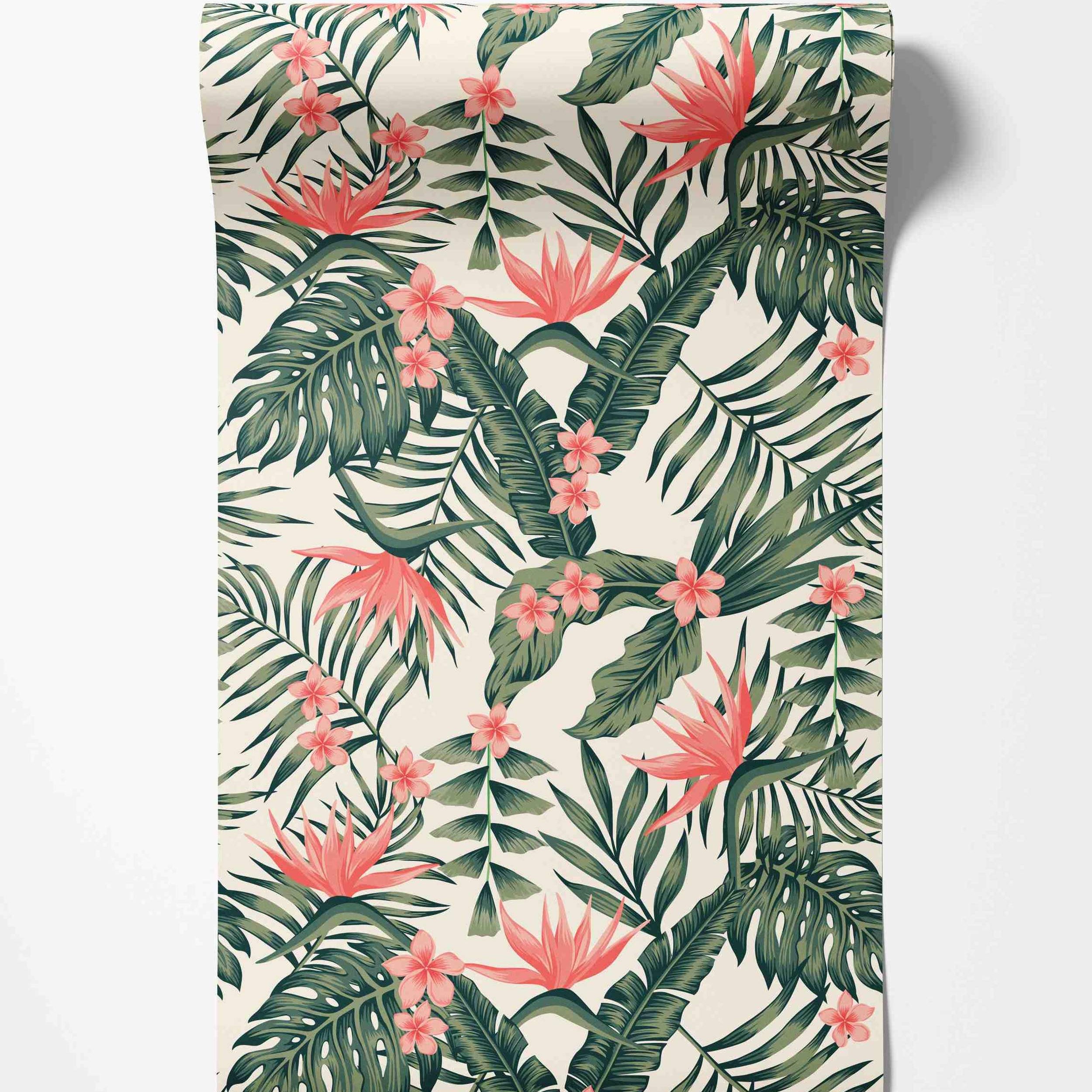 Tropical wallpaper with green palm, monstera, and banana leaves, accented by pink plumeria and bird of paradise flowers on a cream base.