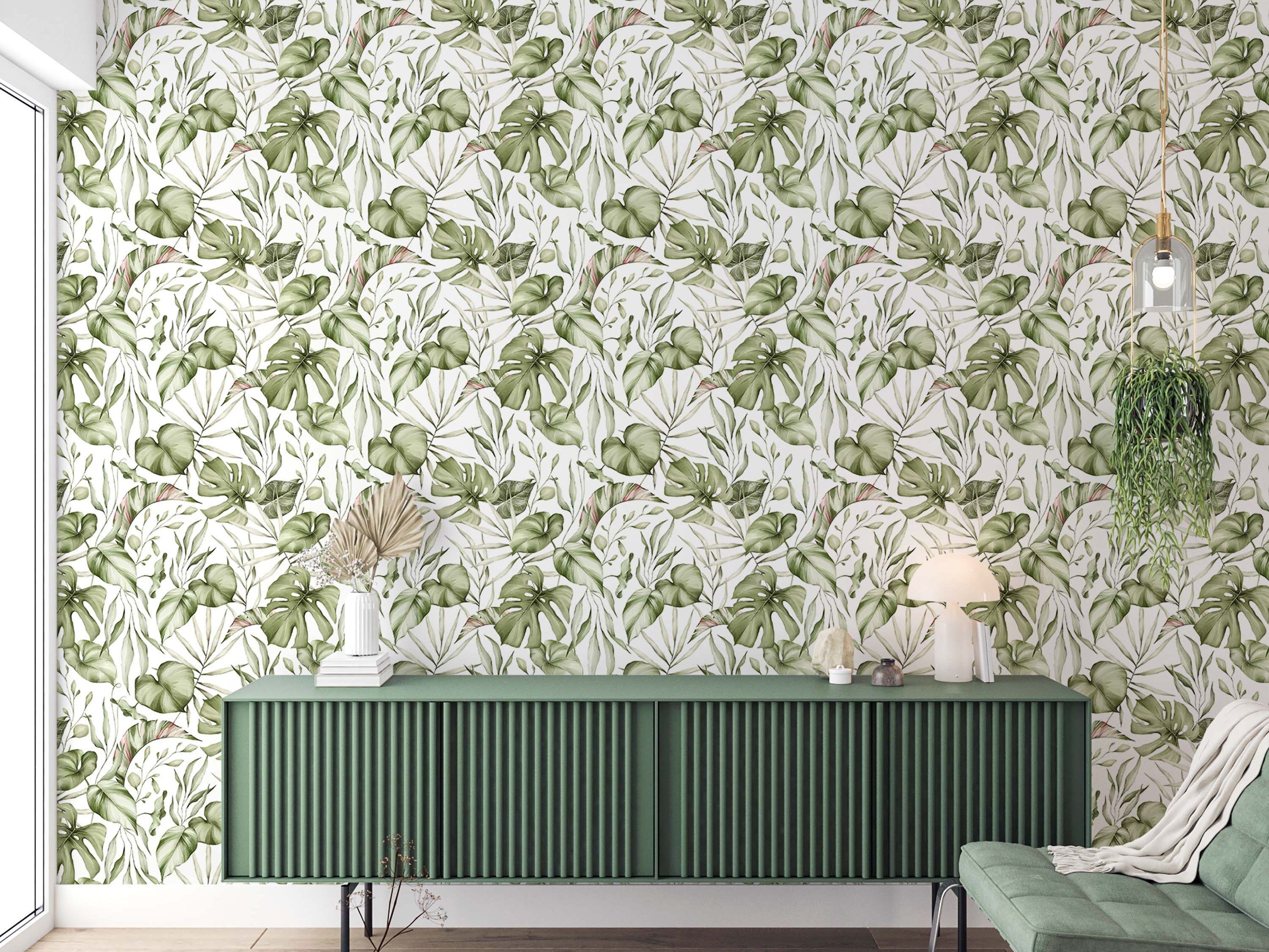 Watercolor wallpaper featuring a repeating pattern of assorted green tropical leaves, including Monstera, on a white background.