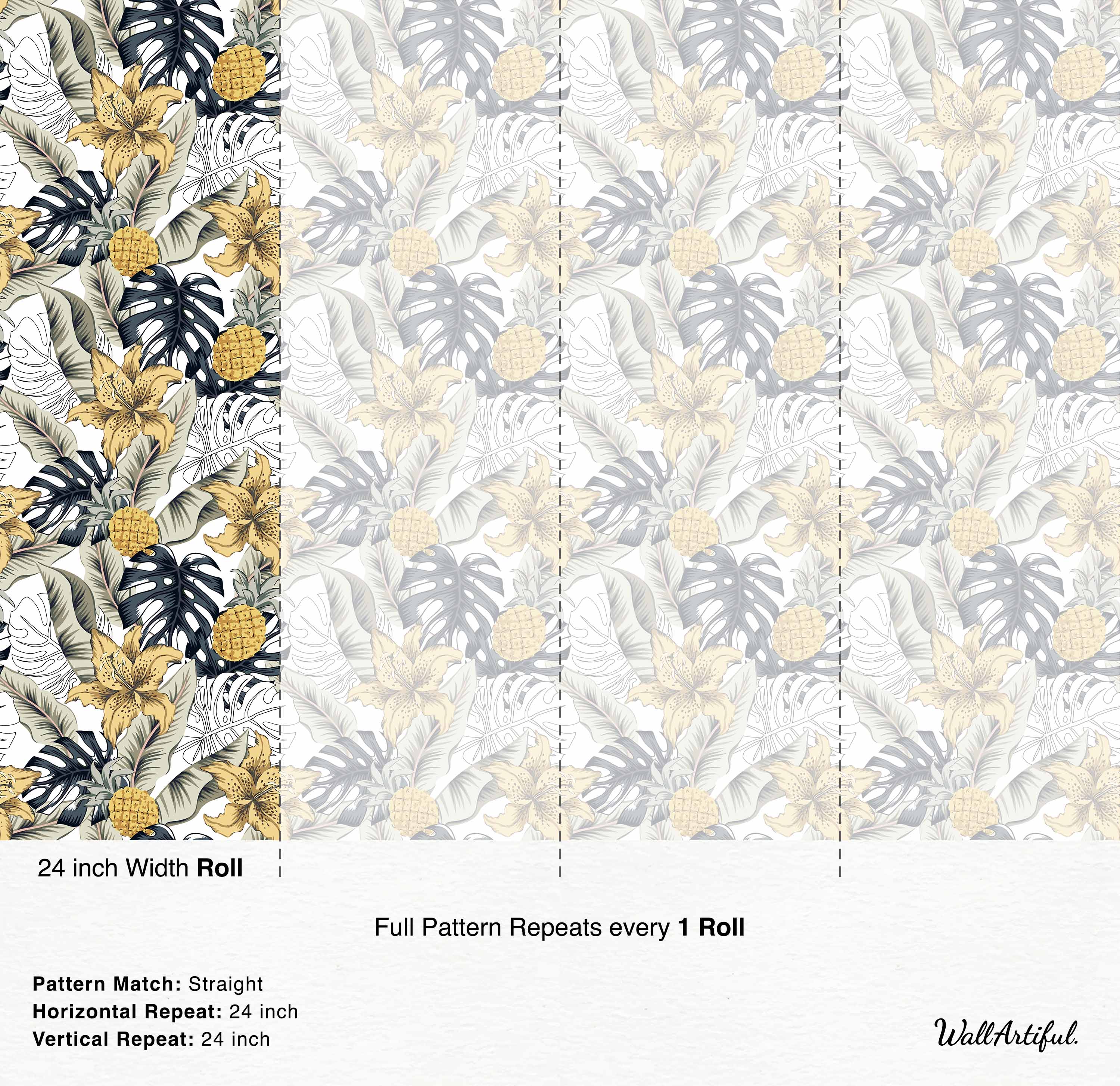 Wallpaper features a tropical pattern of yellow lilies, pineapples, dark grey monstera leaves, and lighter leaves on white.