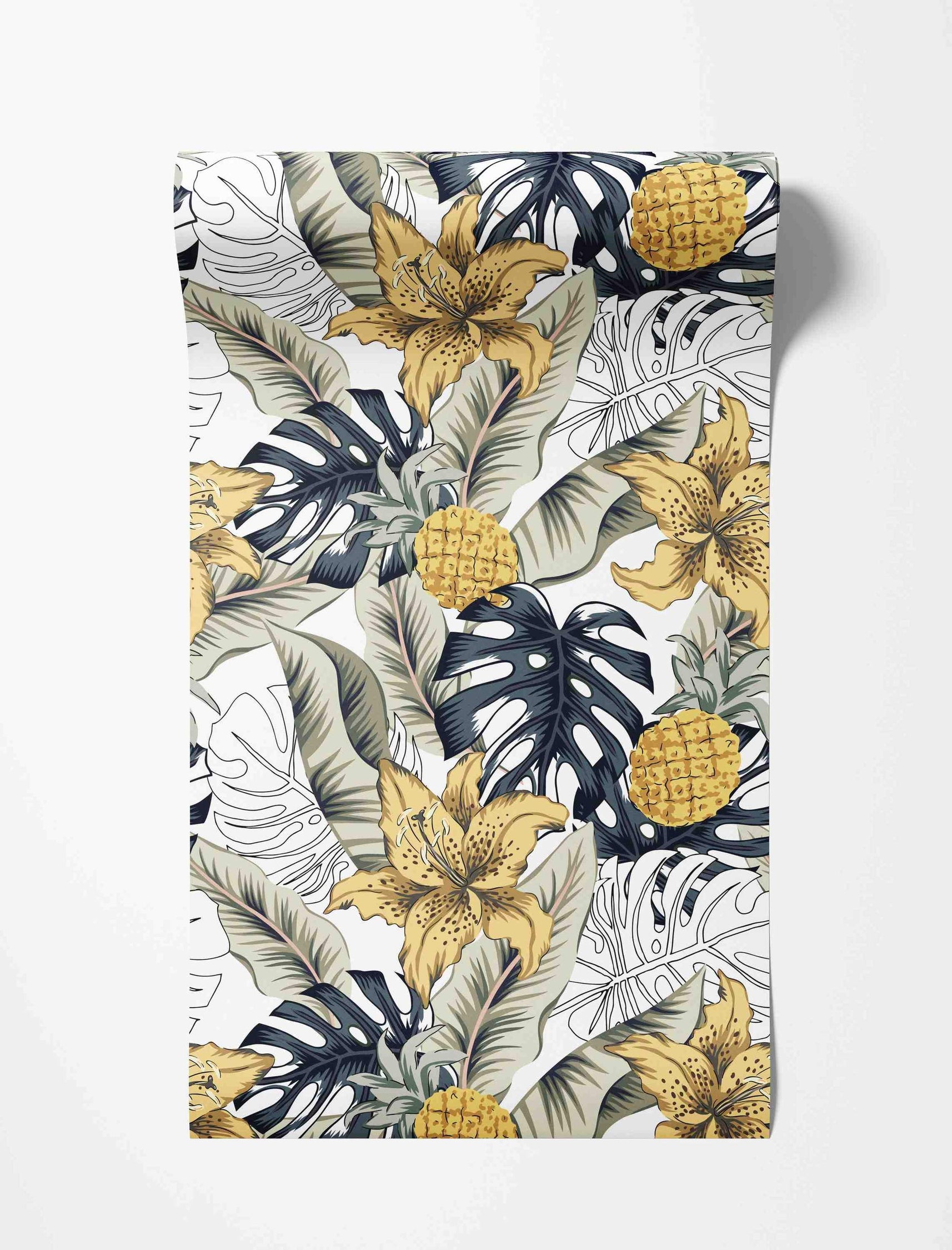 Tropical wallpaper with yellow lilies, pineapples, blue-gray monstera leaves, pale green leaves, and outlined foliage on white.