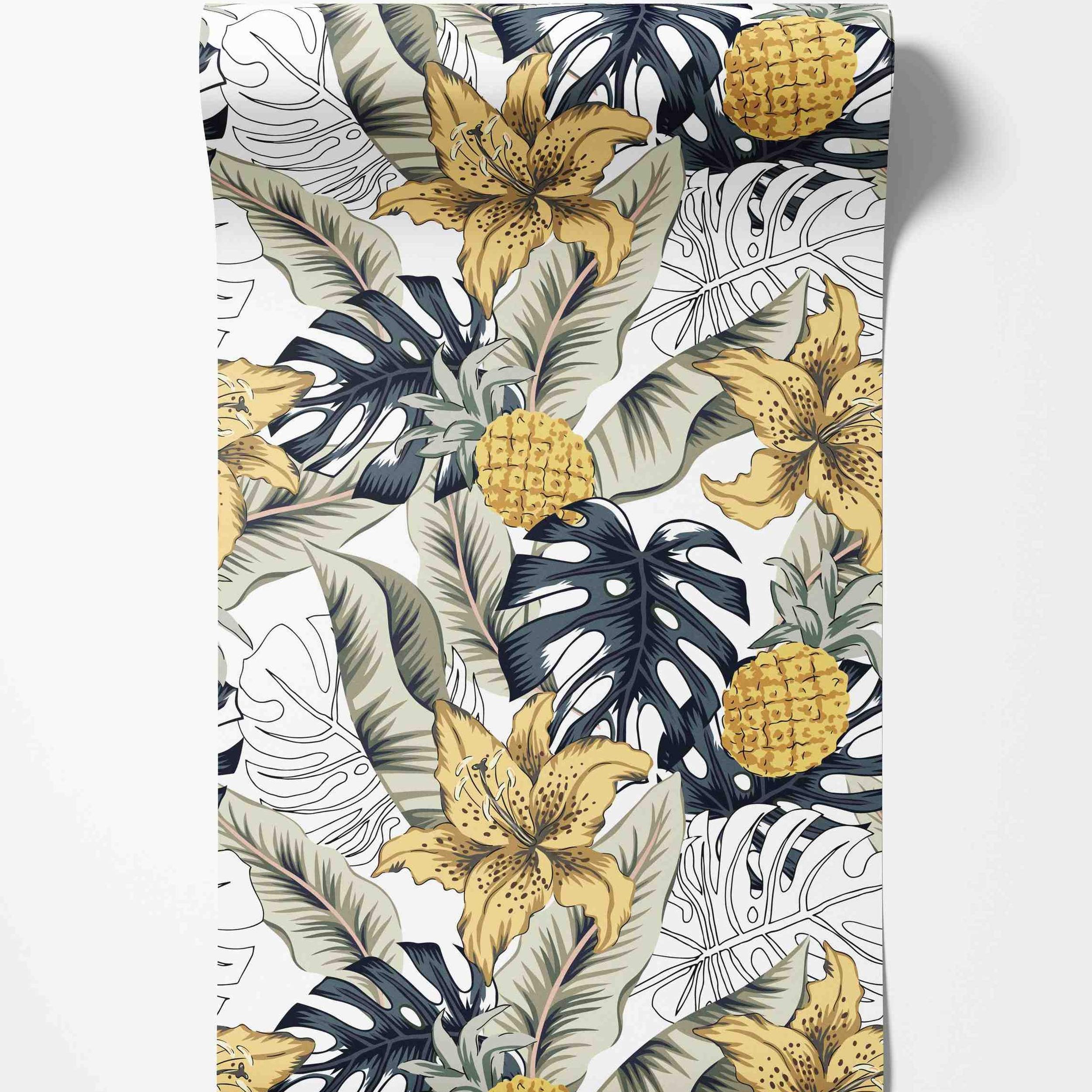 Tropical wallpaper with yellow lilies, pineapples, blue-gray monstera leaves, pale green leaves, and outlined foliage on white.