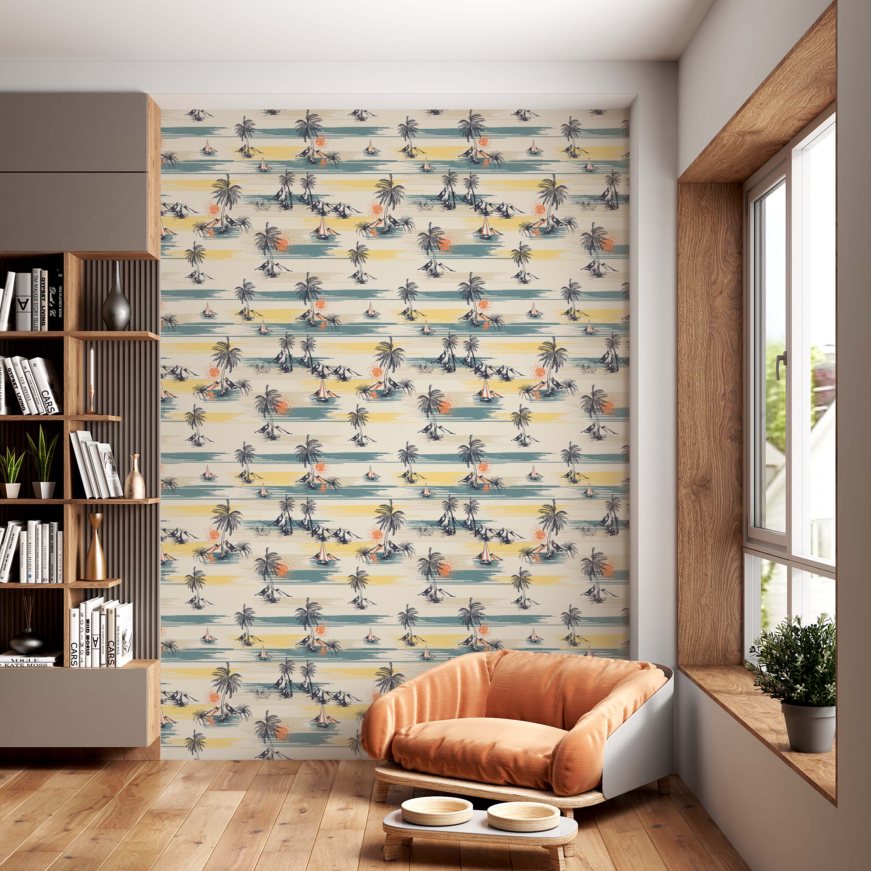 A retro tropical wallpaper with repeating scenes of palm trees, sailboats, and mountains in yellow and teal stripes.