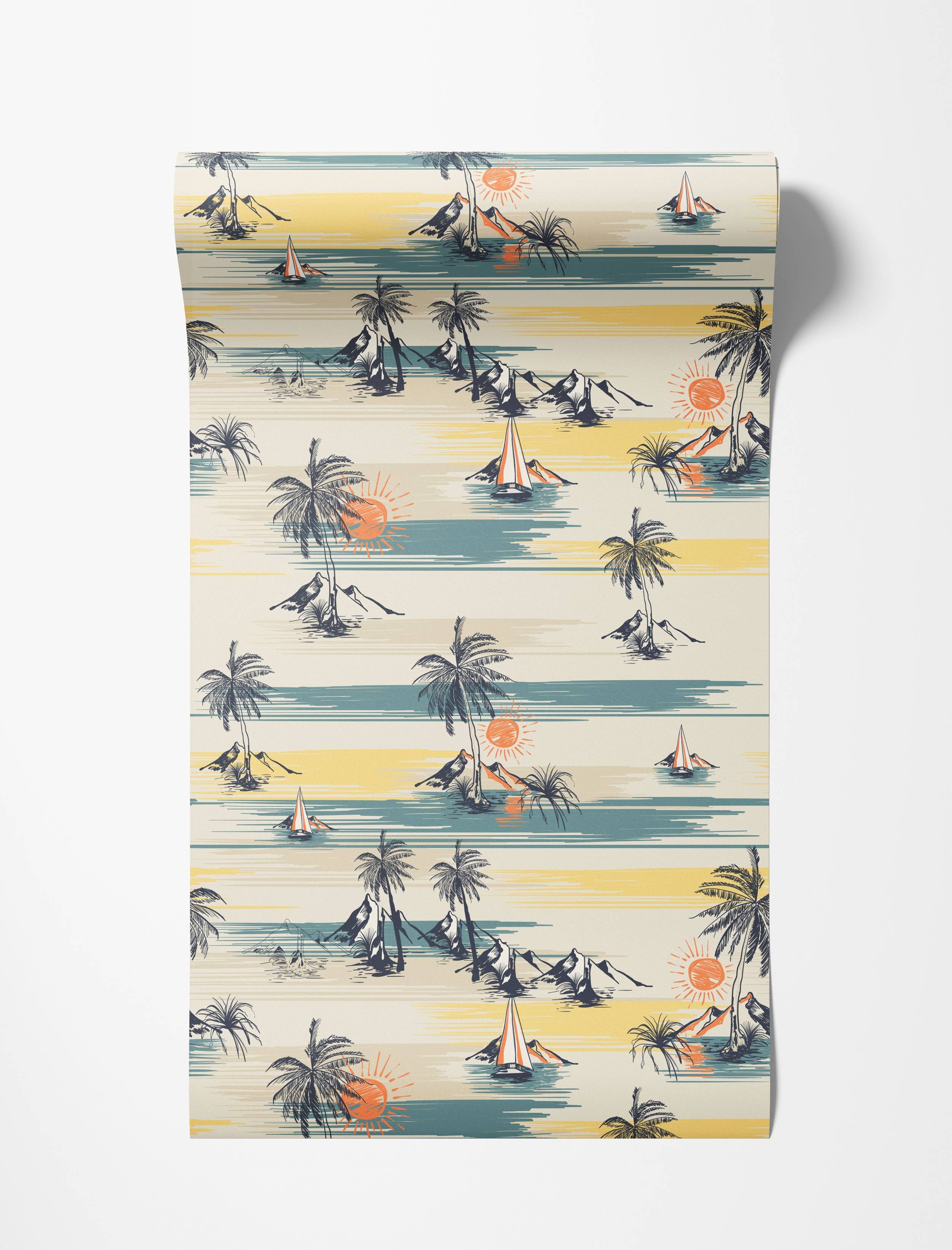 Wallpaper with a vintage tropical scene featuring palm trees, sailboats, and suns in teal, yellow, and orange.