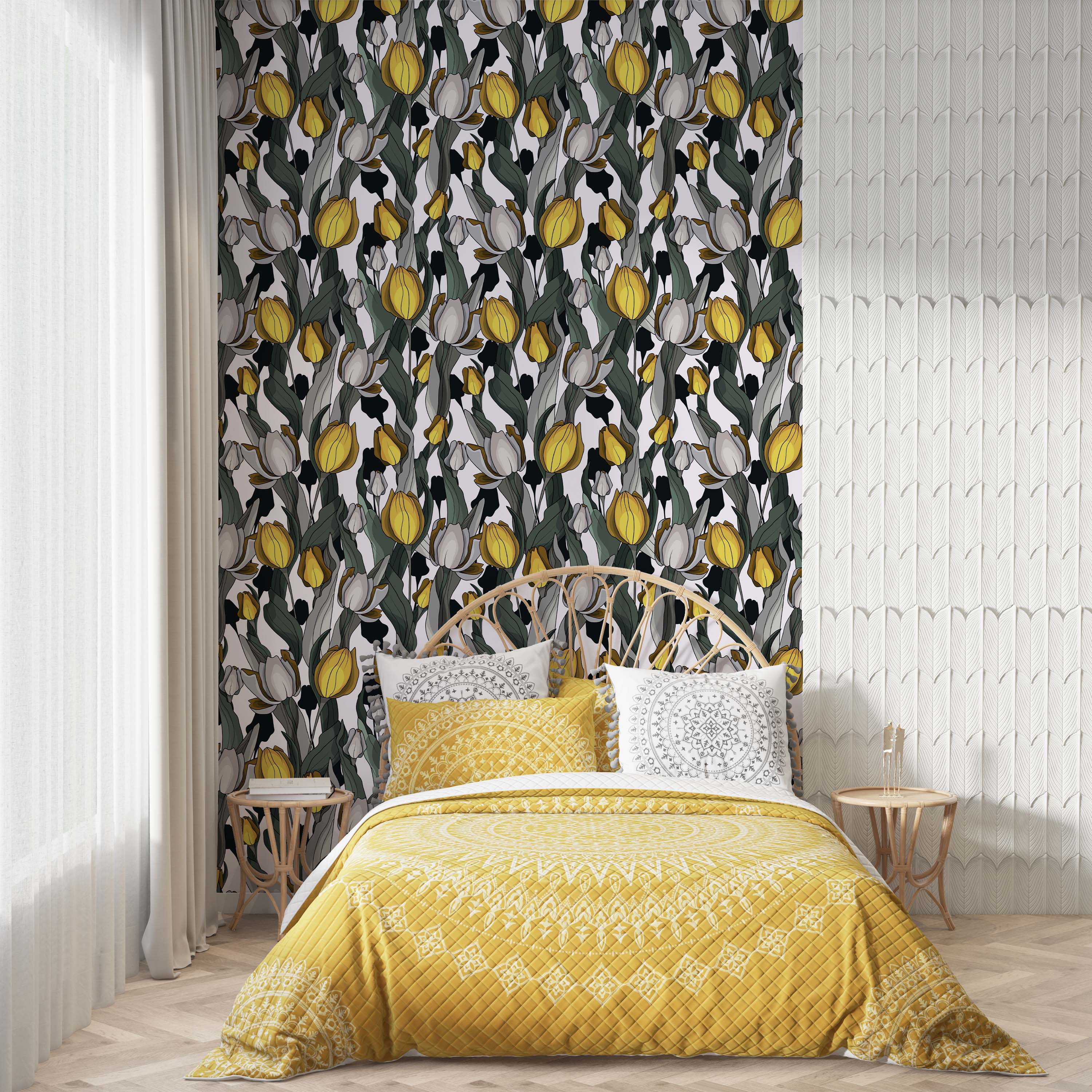A stylized floral wallpaper featuring yellow and grey tulips with dark green leaves on a white background.
