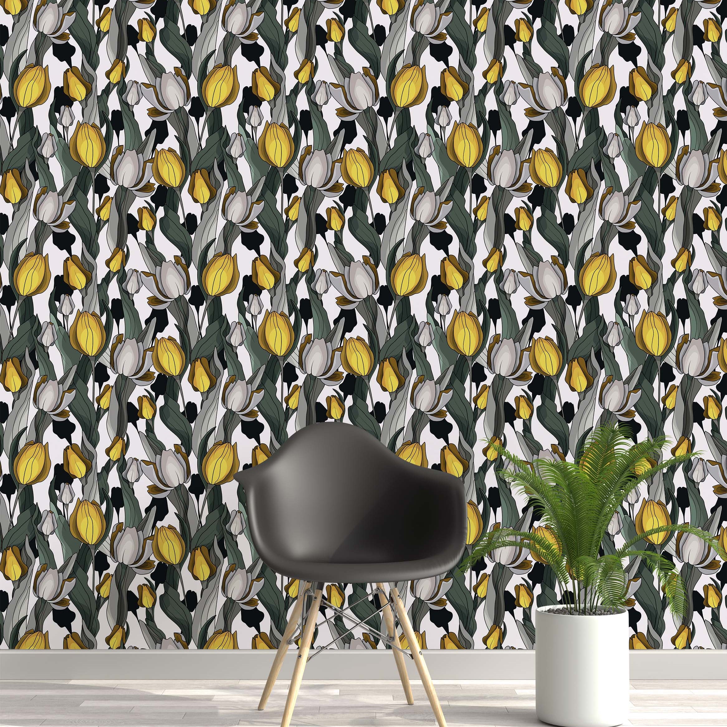 A stylized wallpaper featuring a dense pattern of yellow and white tulips with dark green leaves and black outlines.
