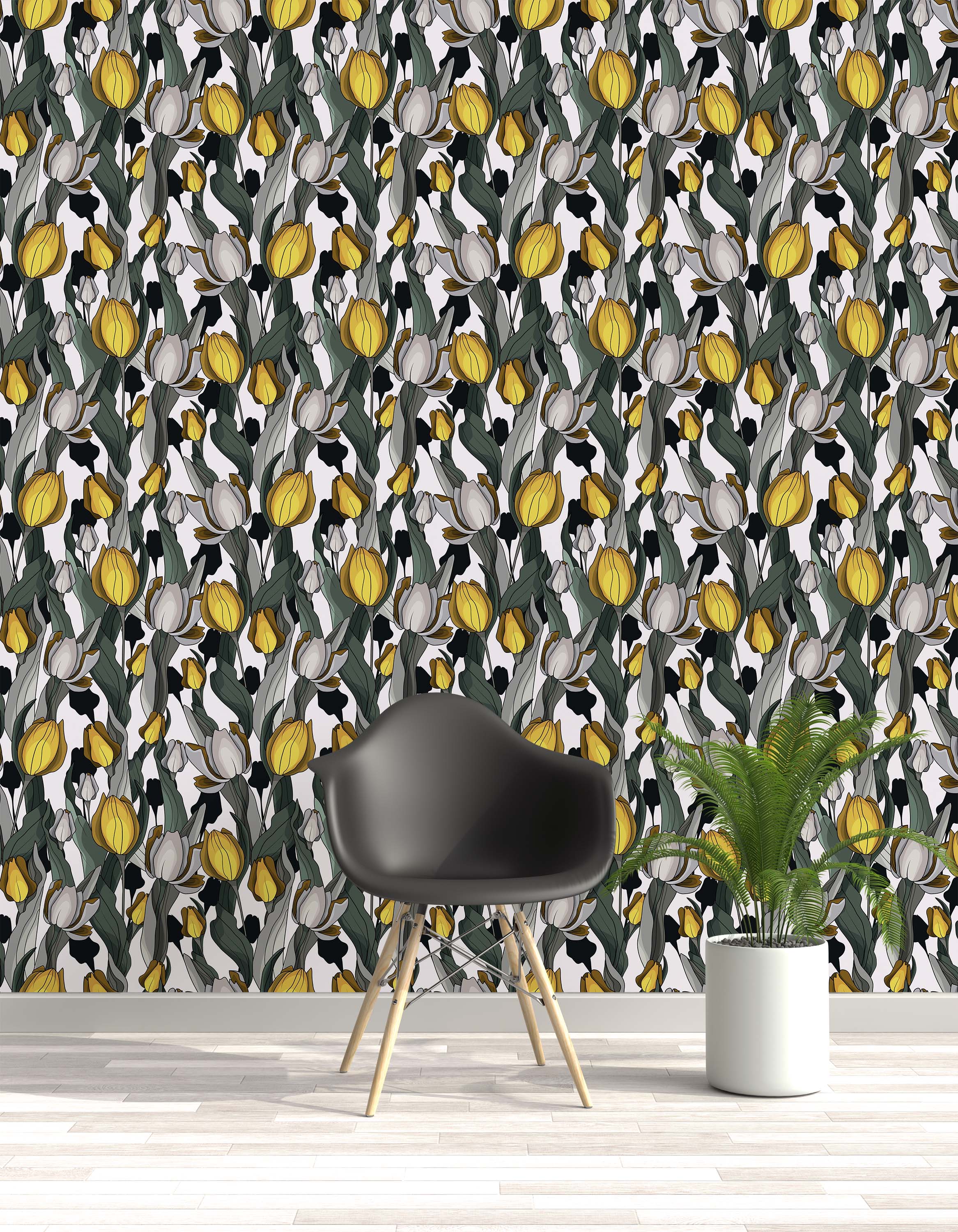 A stylized wallpaper featuring a dense pattern of yellow and white tulips with dark green leaves and black outlines.