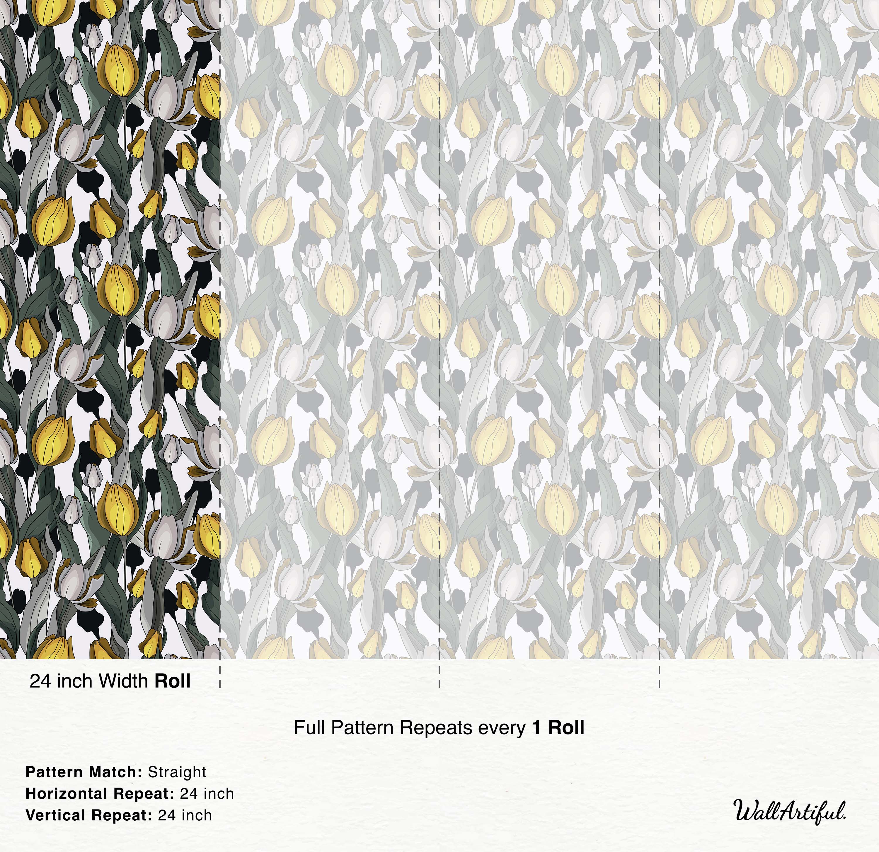 A modern wallpaper with a stylized pattern of yellow and white tulips with dark green leaves and gray shadows.