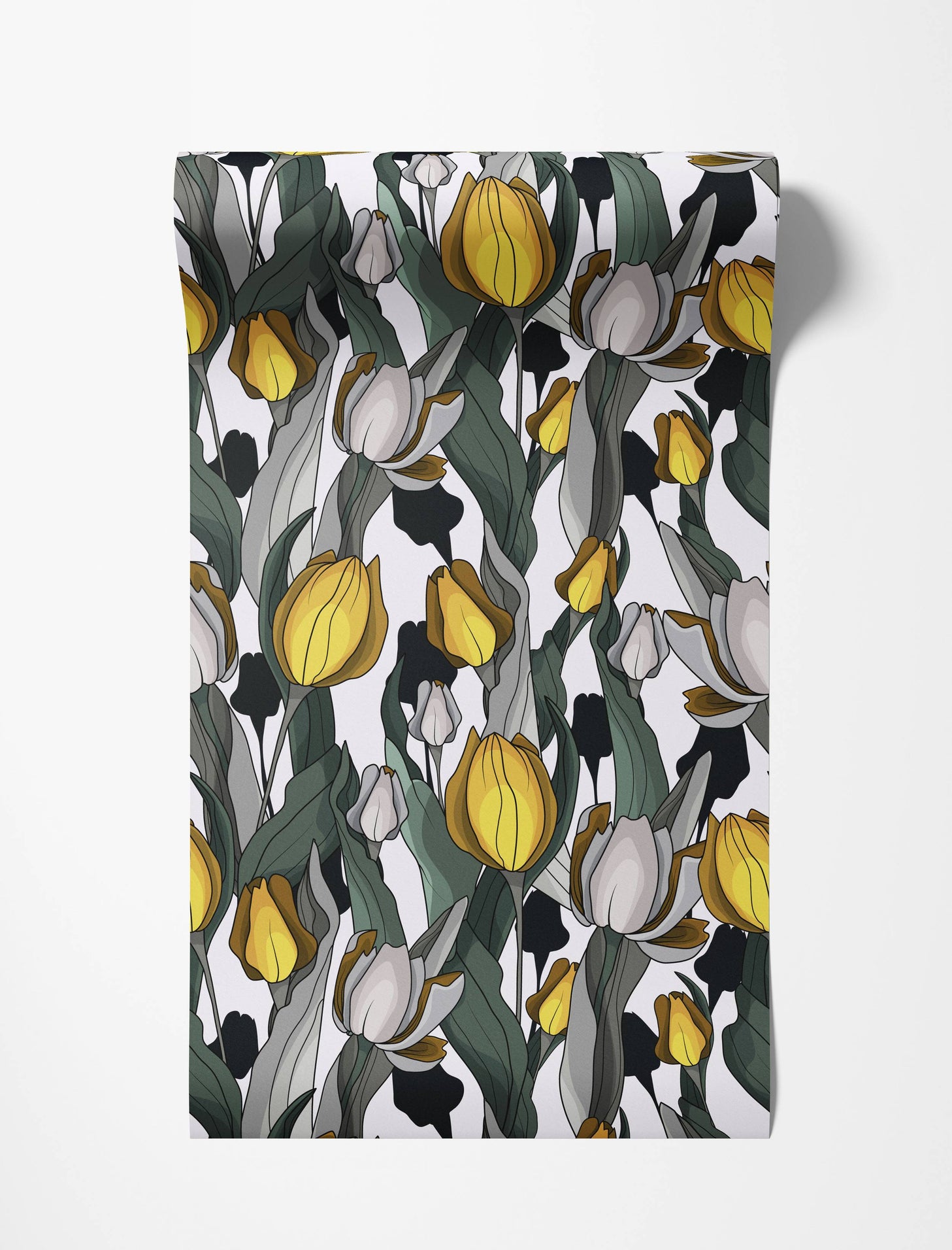 A stylized floral wallpaper with yellow and light gray tulips, dark green leaves, and bold black outlines on a white background.