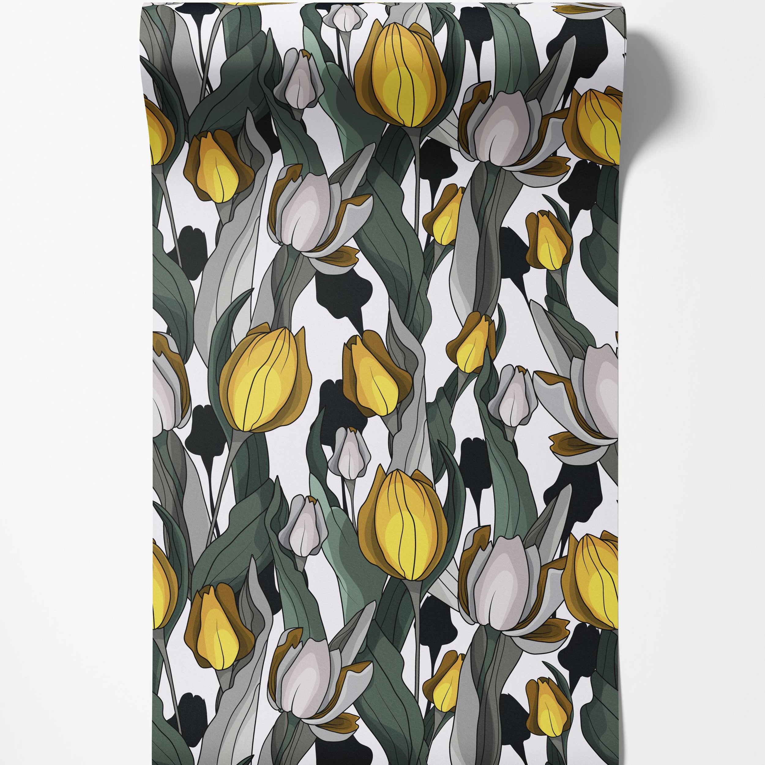 A stylized floral wallpaper with yellow and light gray tulips, dark green leaves, and bold black outlines on a white background.