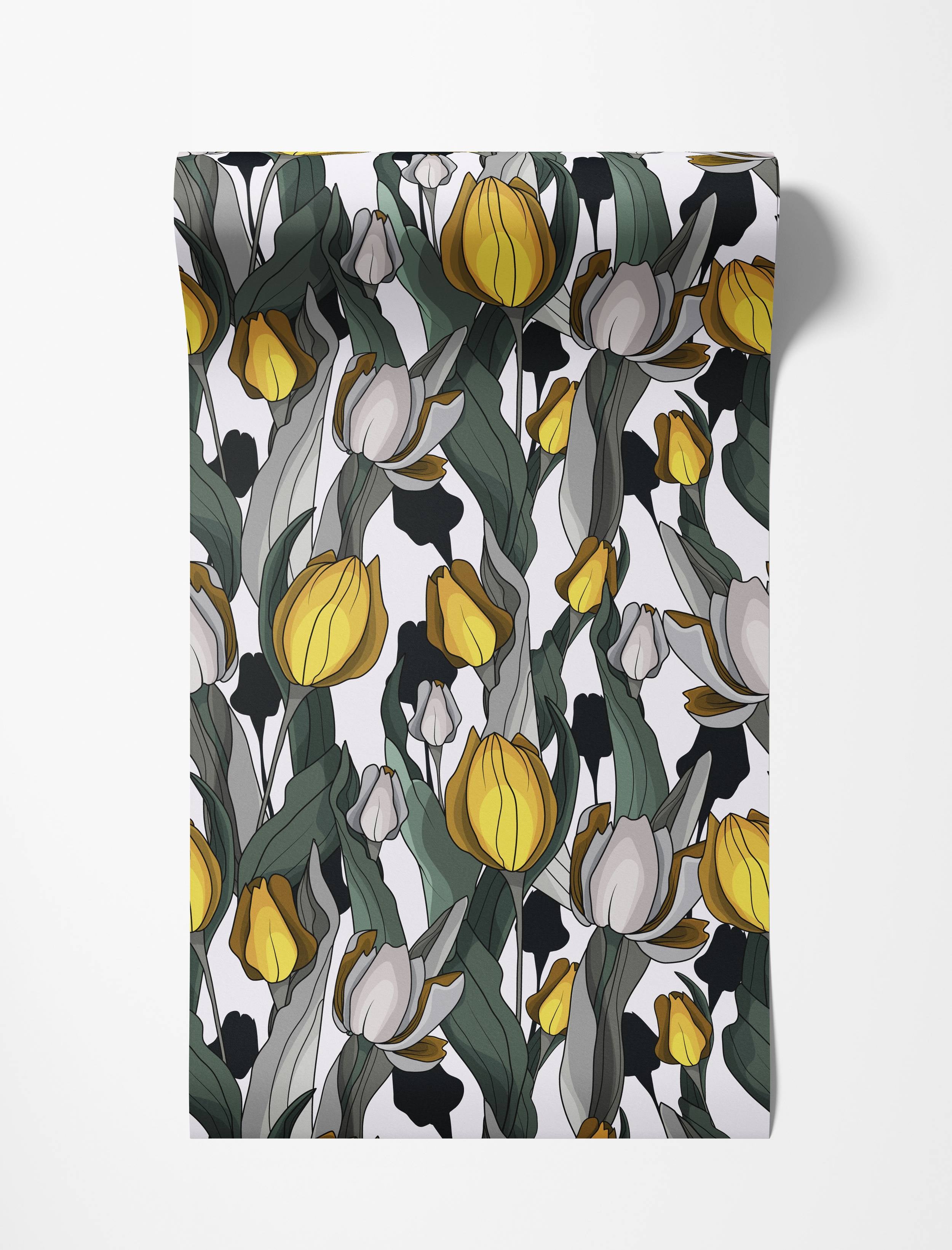 A stylized floral wallpaper with yellow and light gray tulips, dark green leaves, and bold black outlines on a white background.
