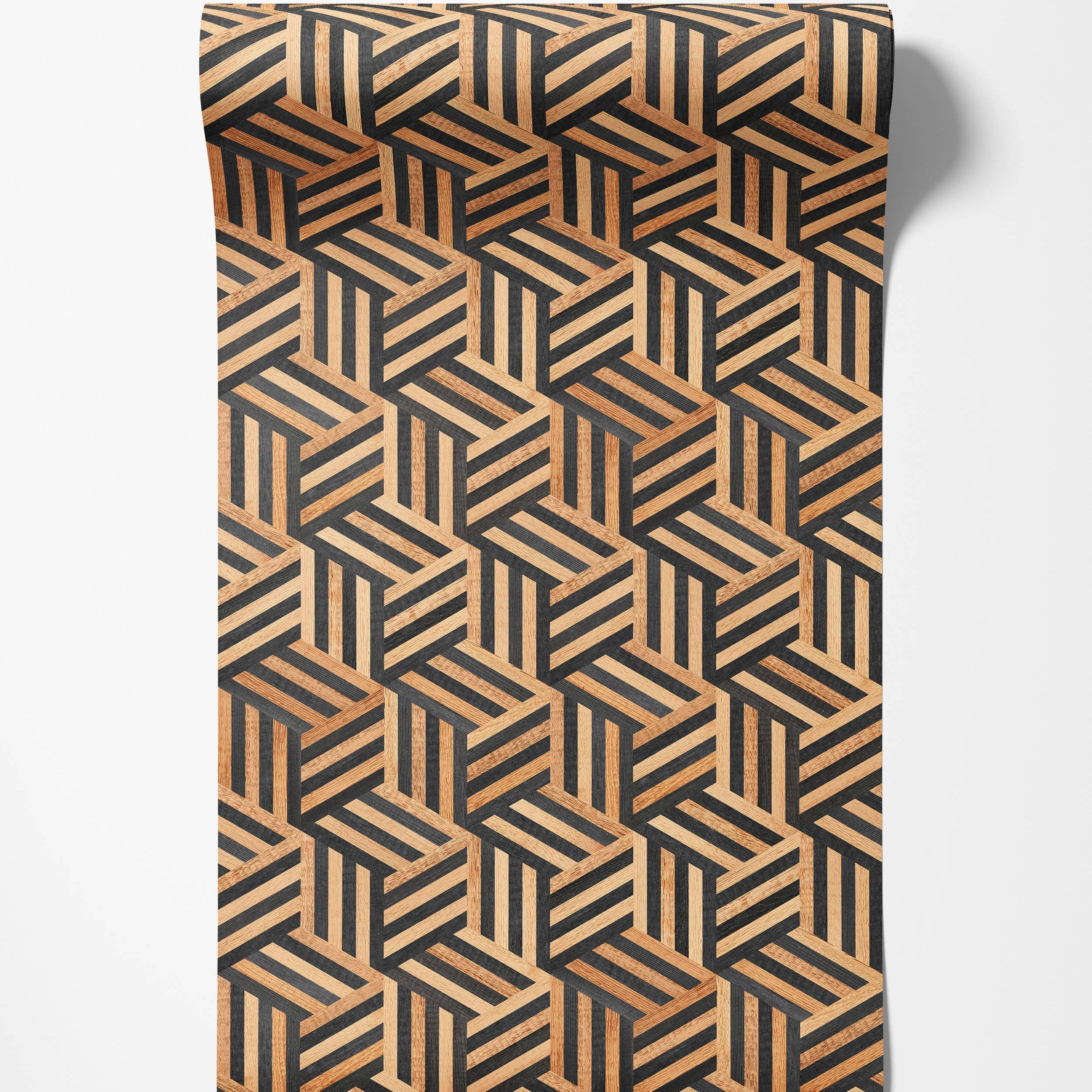 Wallpaper with a geometric tumbling blocks pattern in tan and black wood, forming a 3D cubic illusion.