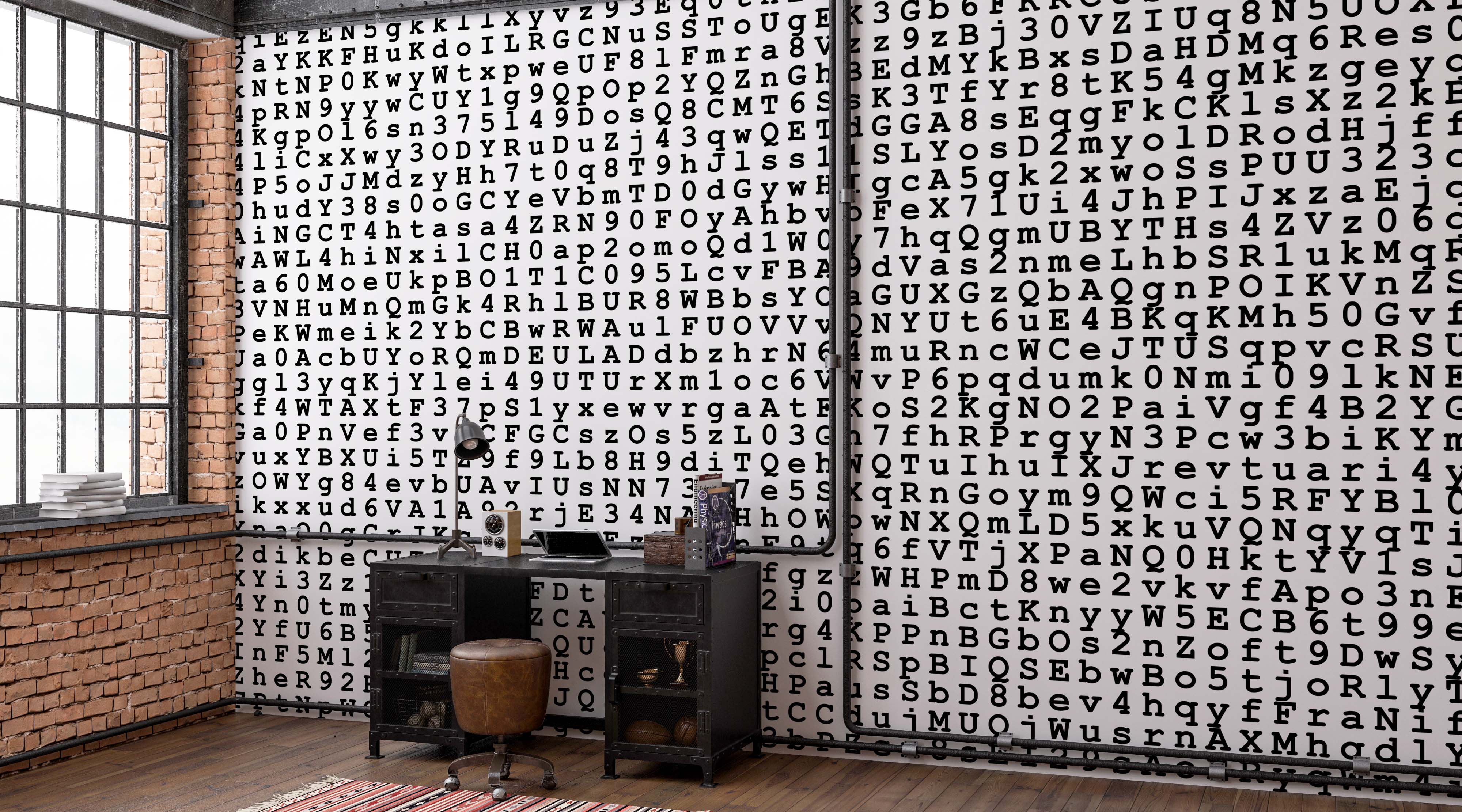 Wallpaper featuring a random arrangement of black typewriter-style letters and numbers on a white background.