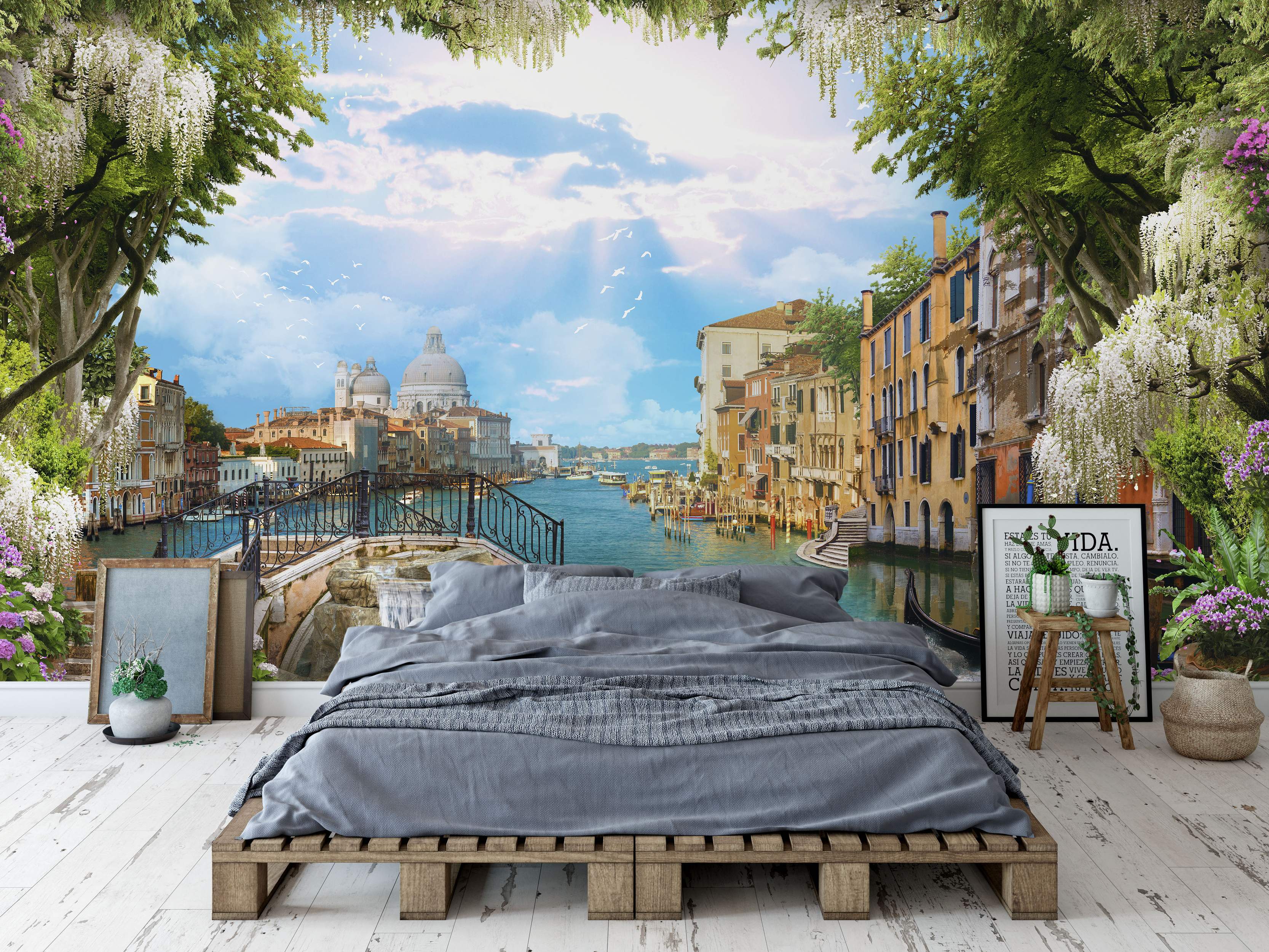 Scenic Venice mural featuring the Grand Canal, Santa Maria della Salute, bridge, and buildings, framed by trees with white wisteria.