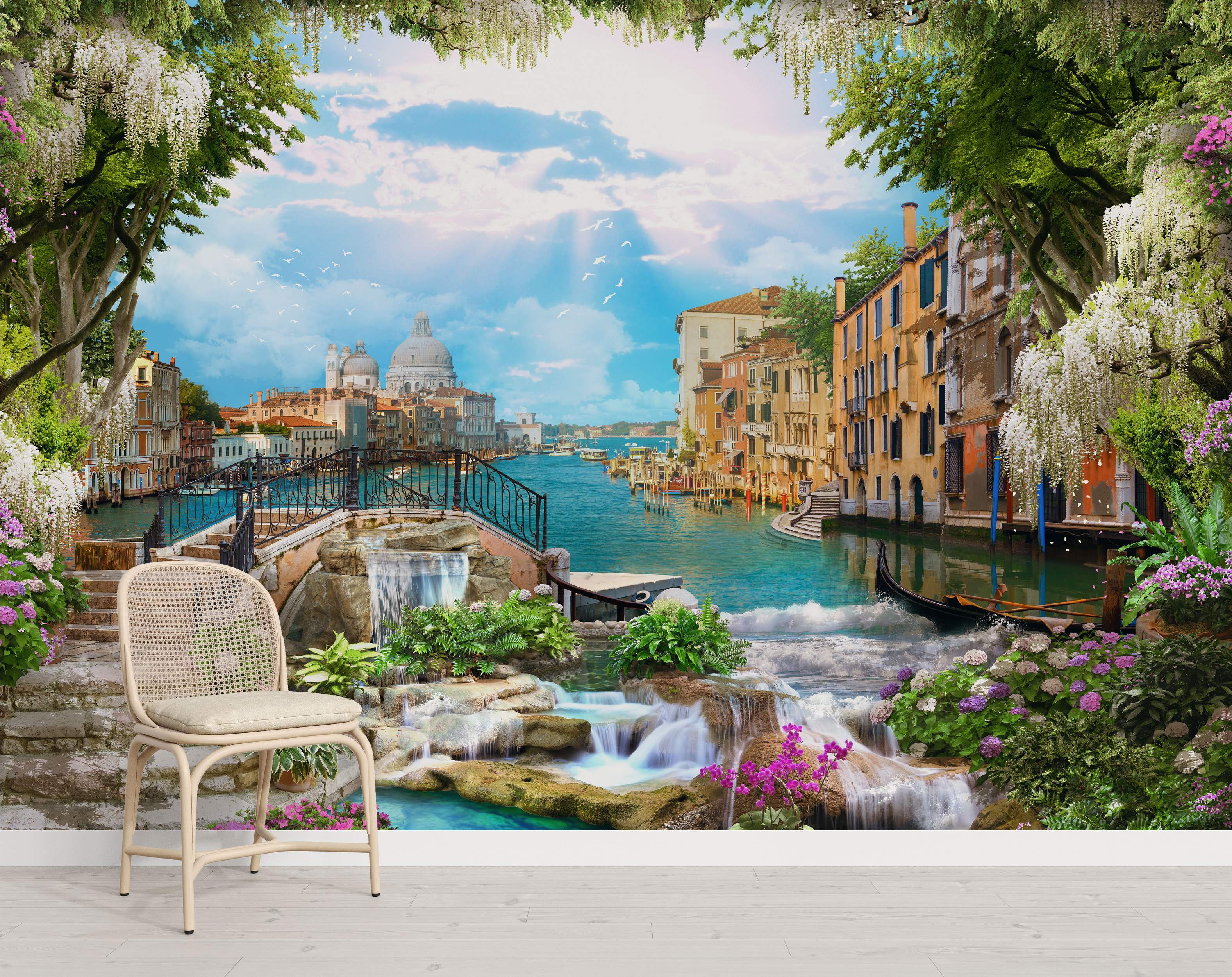 Mural depicting a scenic Venice canal view with the Basilica, bridges, and gondolas, framed by lush trees, wisteria, and waterfalls.