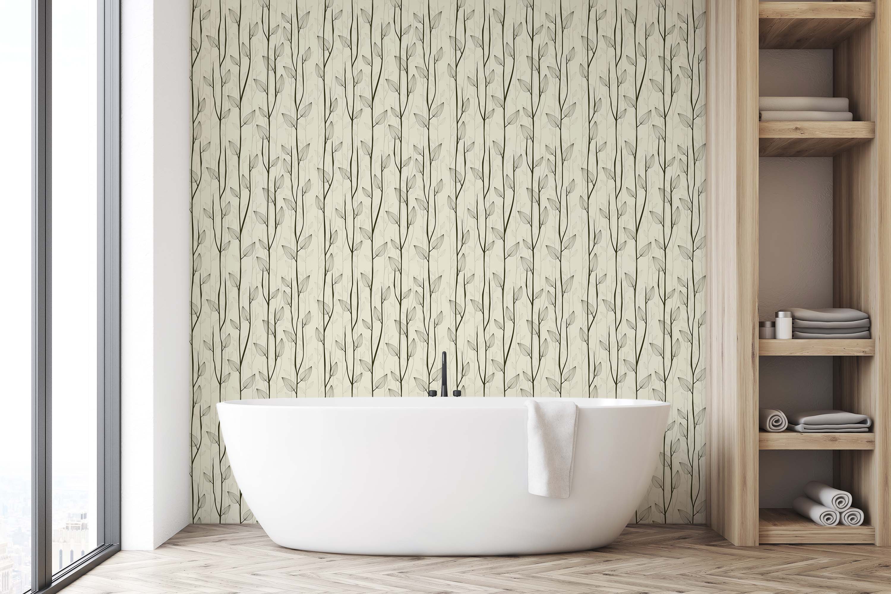 Modern botanical wallpaper with a vertical pattern of dark gray vines and delicate, sheer leaves on a light cream base.