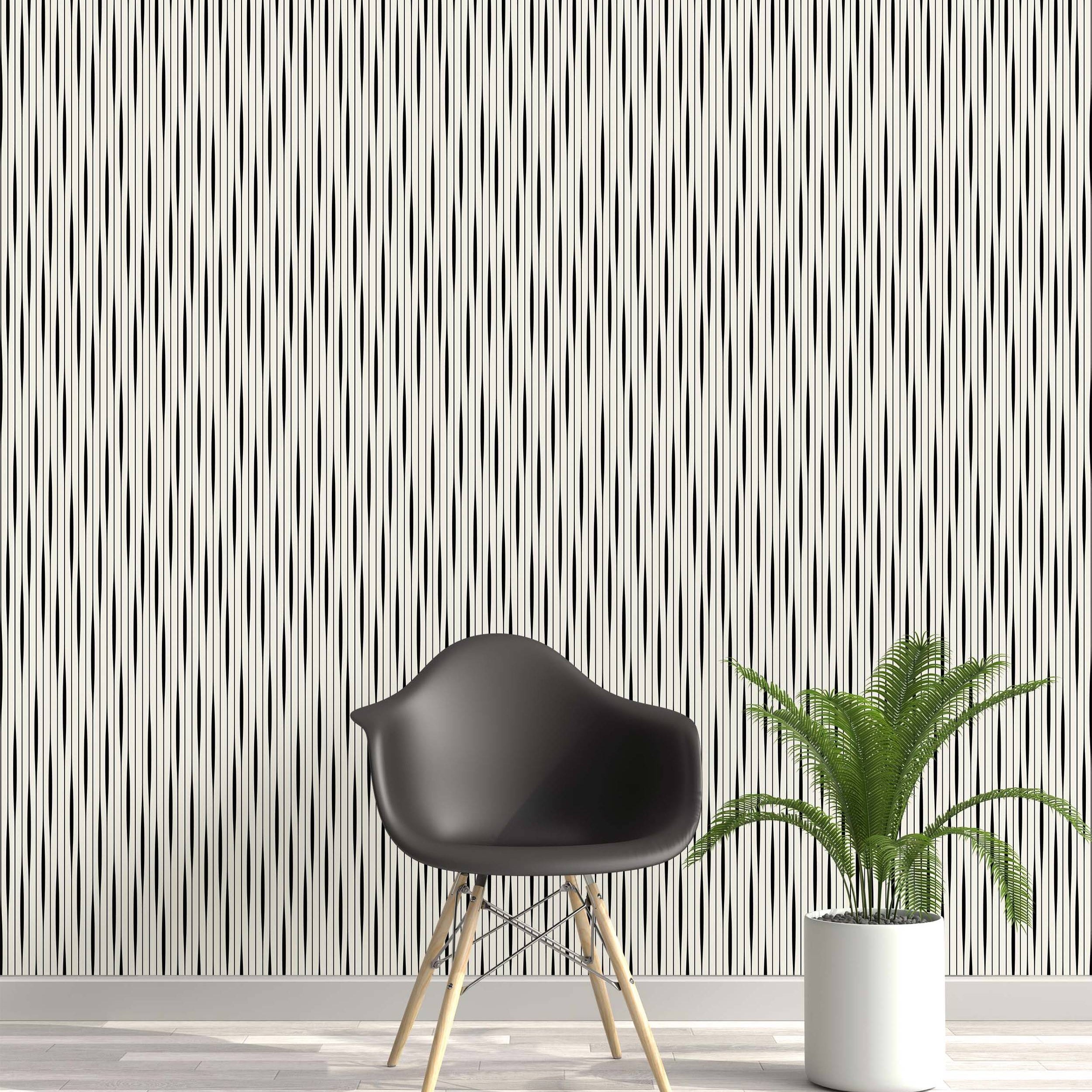 Wallpaper featuring thin vertical black lines creating an optical oval pattern against an off-white background.