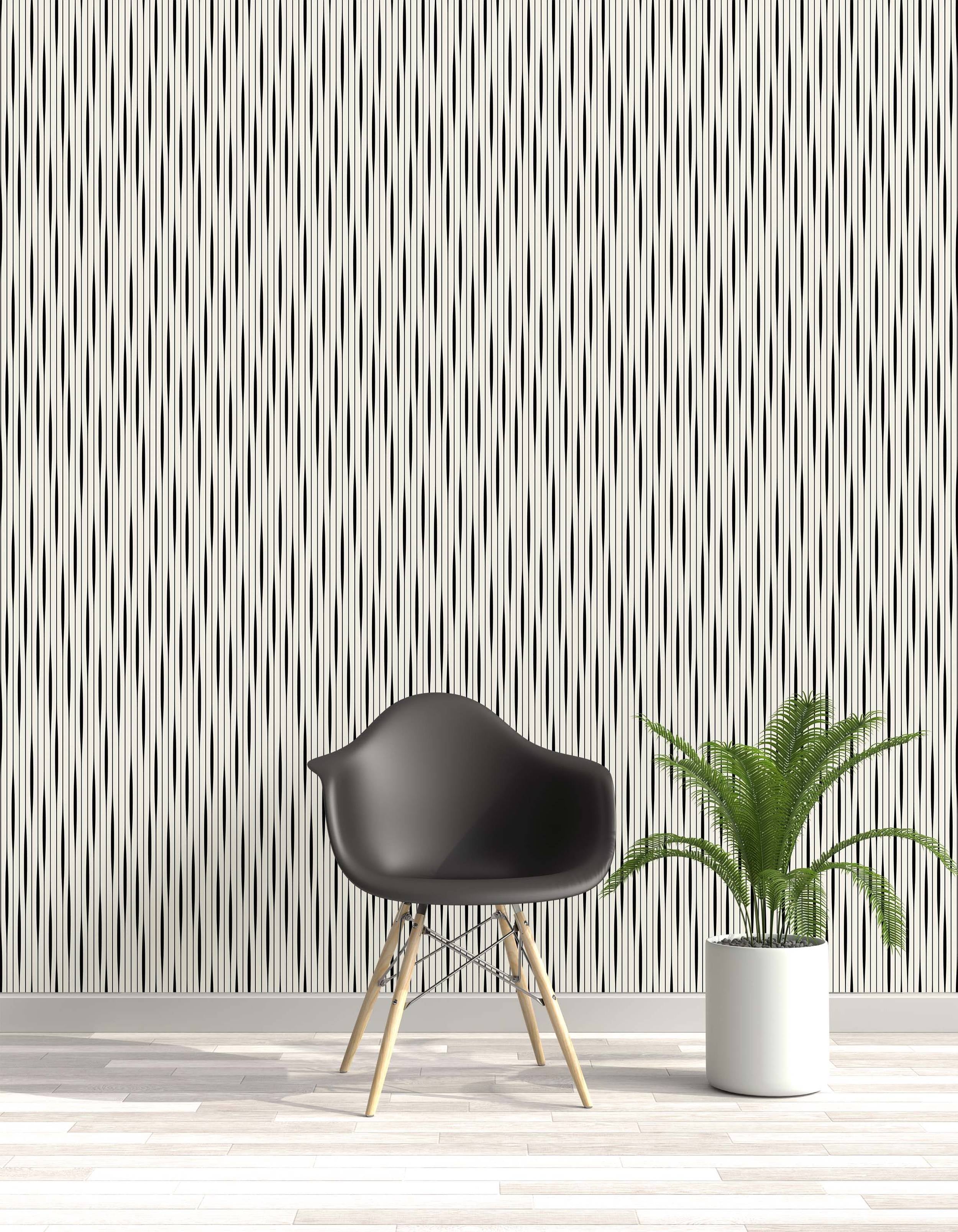 Wallpaper featuring thin vertical black lines creating an optical oval pattern against an off-white background.