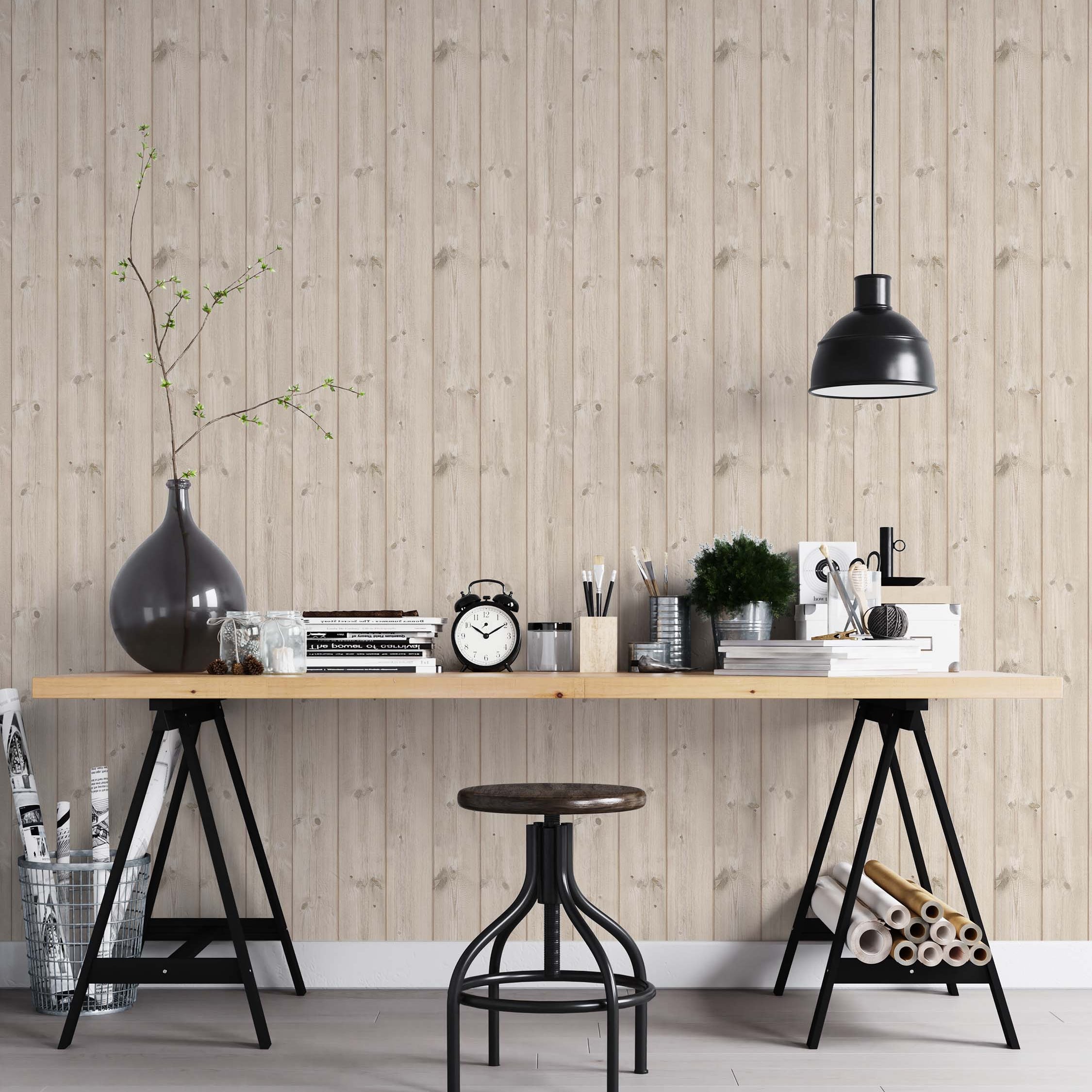 Wallpaper featuring a light beige vertical wood plank pattern with visible wood grain and subtle knot details.