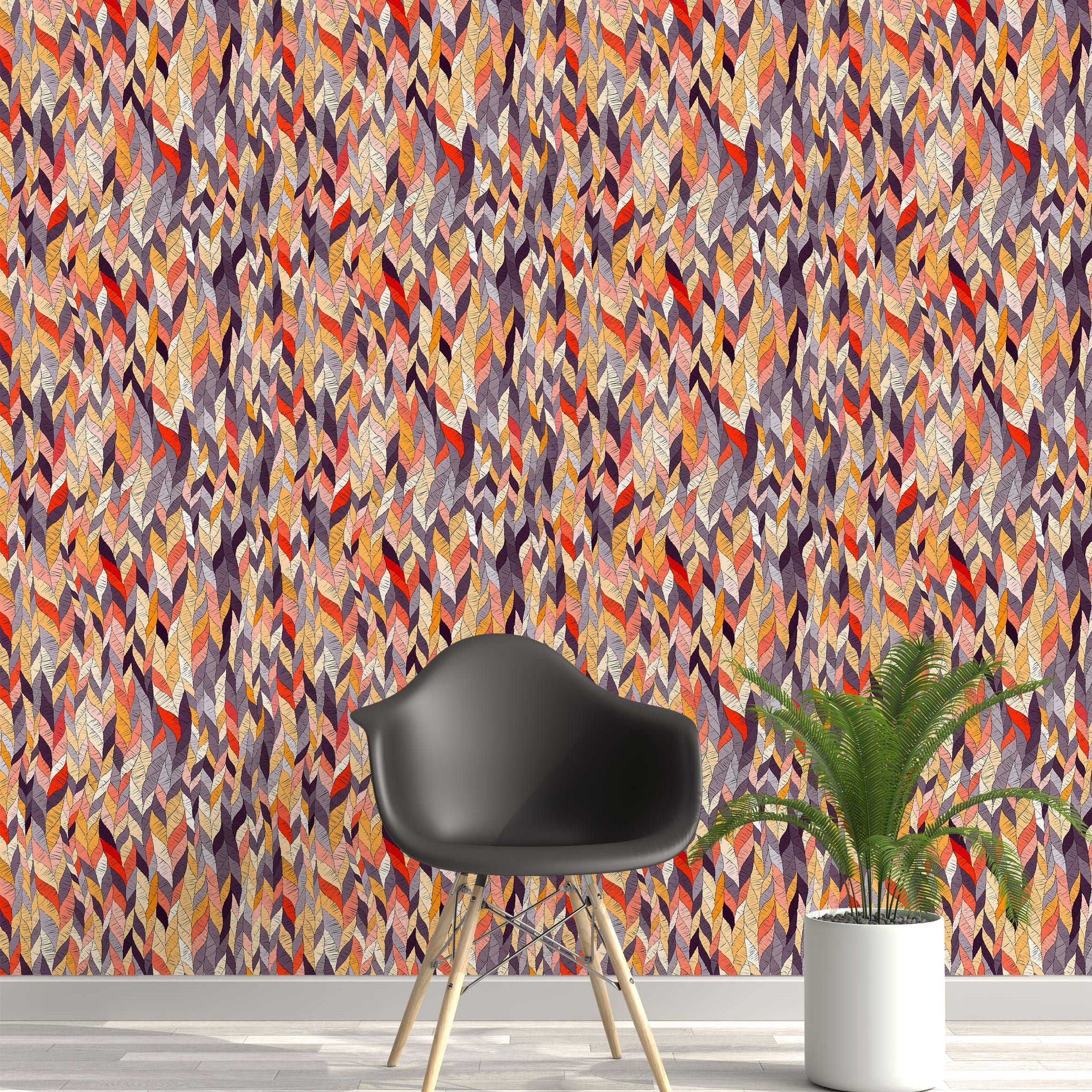 Wallpaper with a stitched texture, featuring a dense pattern of vertical, overlapping leaf-like shapes in shades of orange, yellow, red, purple, and cream.