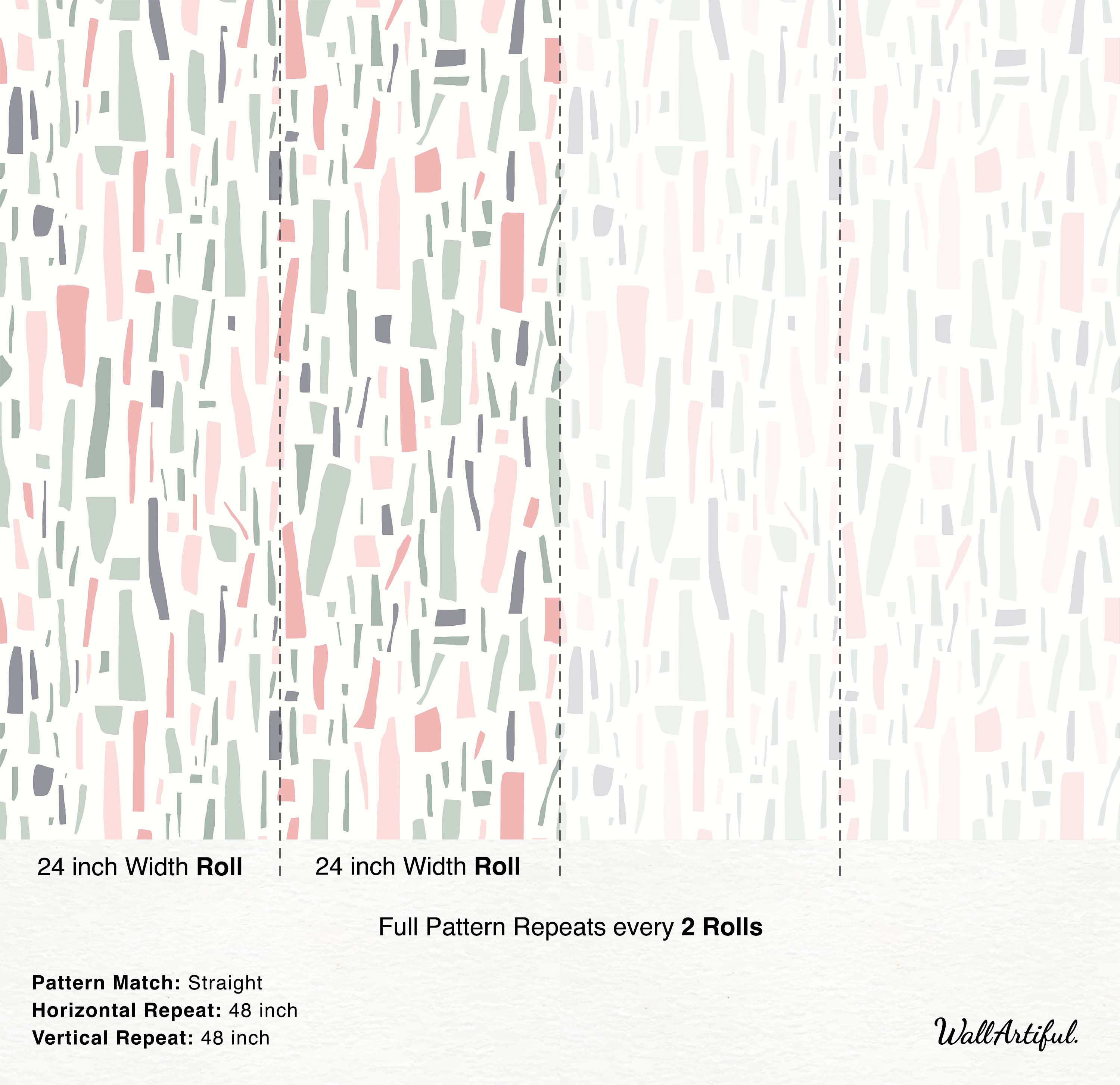 Abstract wallpaper featuring irregular vertical strips in pastel pink, mint green, and gray on a white background.