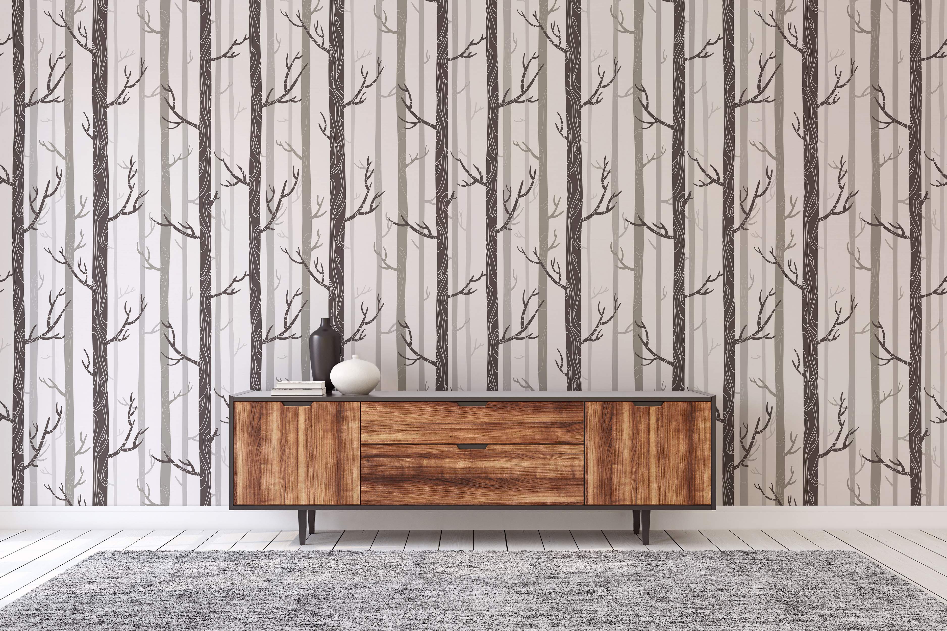 Wallpaper featuring a forest pattern with stylized vertical tree trunks in shades of brown and gray, showing bare branches.