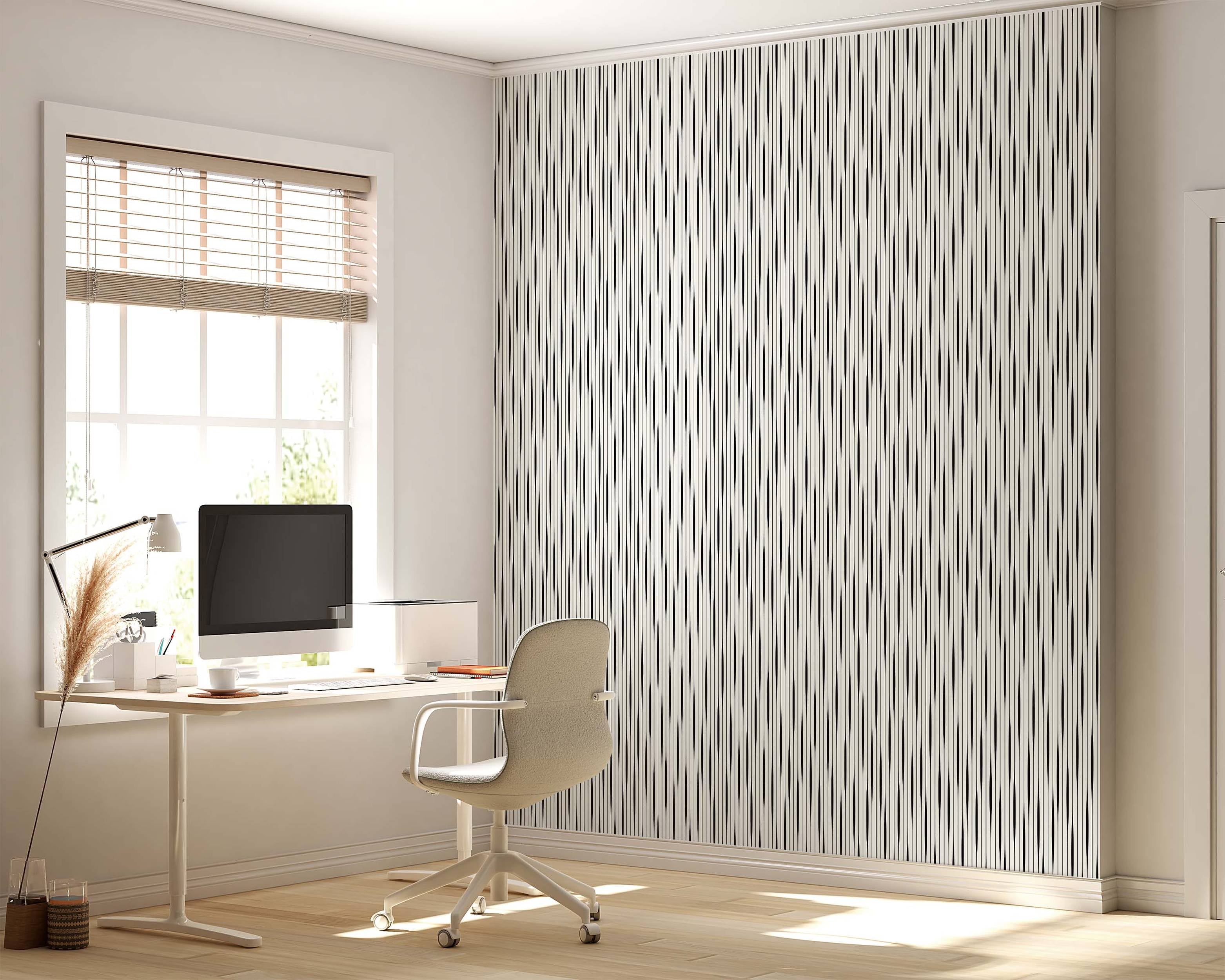 Wallpaper featuring thin, wavy vertical black stripes against a solid off-white background.