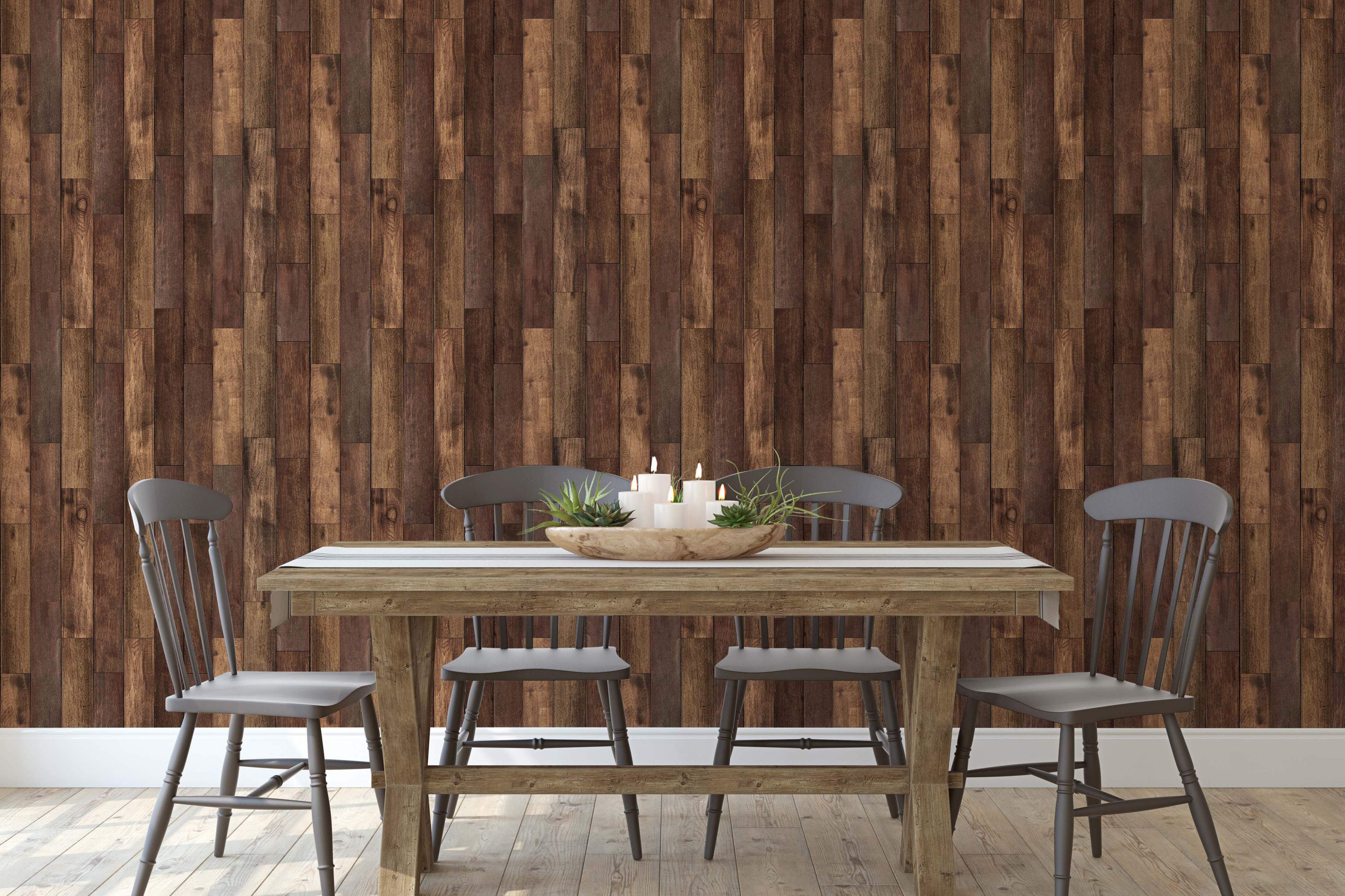 Realistic wallpaper featuring vertical, staggered dark brown wood planks with a rustic grain texture.