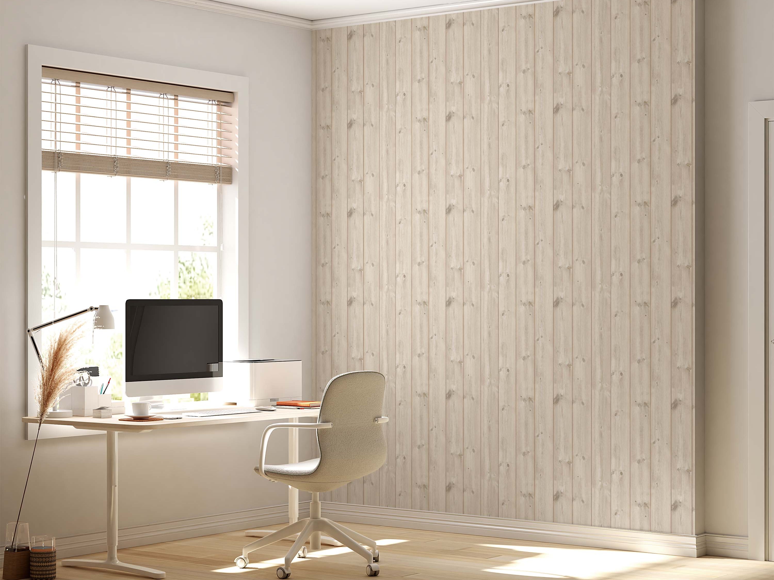 Wallpaper showing light-colored vertical wood planks with a realistic design of knots and grain.