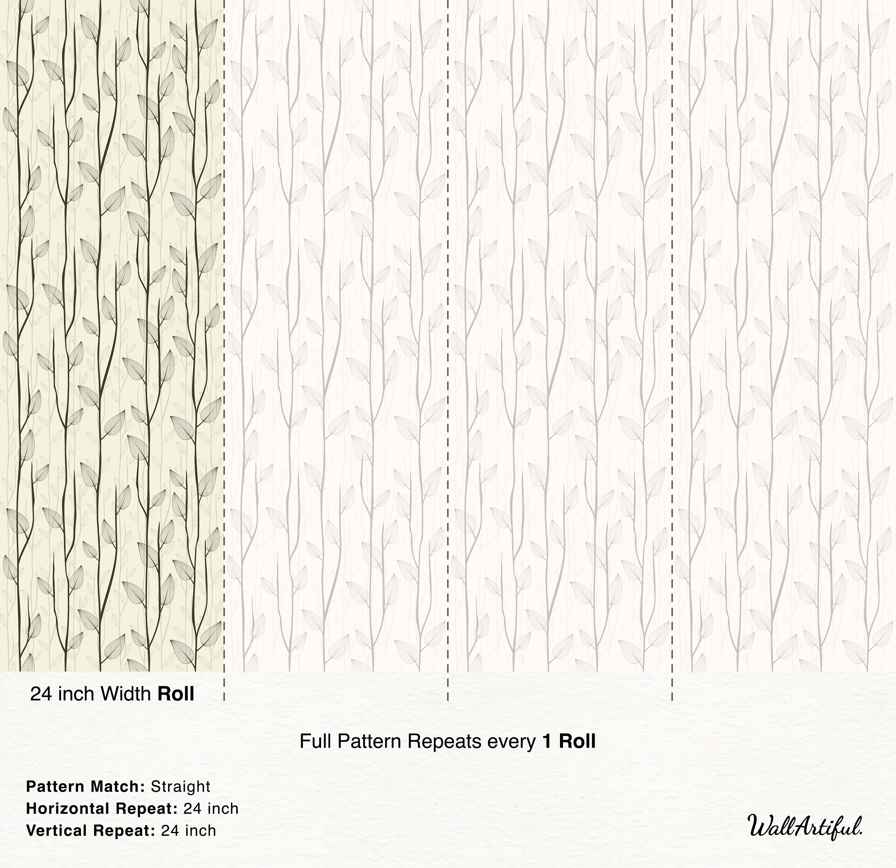 Wallpaper with a delicate pattern of vertical vines and stylized, line-art leaves in shades of beige, cream, and gray.