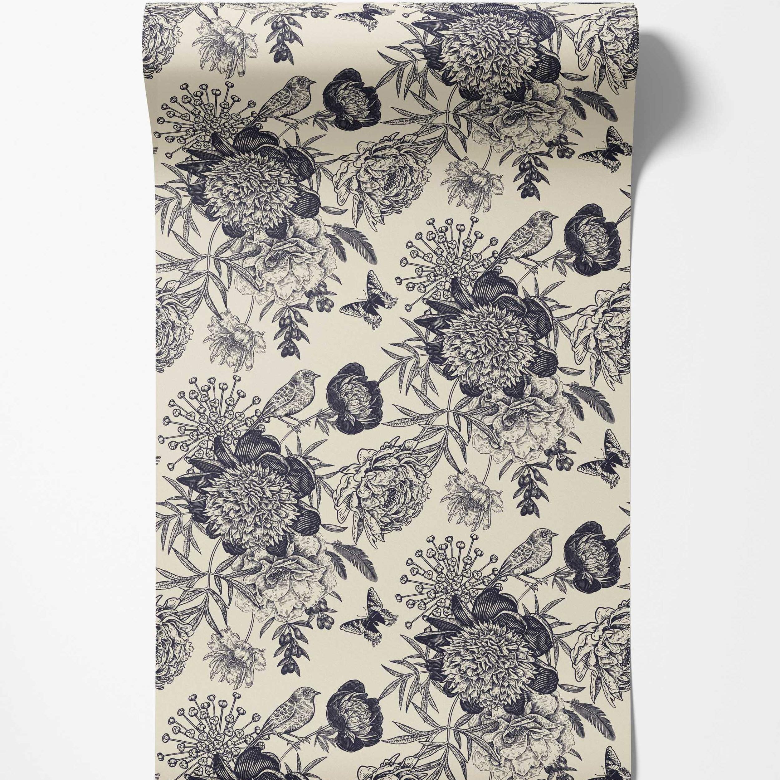 Vintage engraved floral wallpaper in black on cream featuring large peonies, birds, and butterflies.