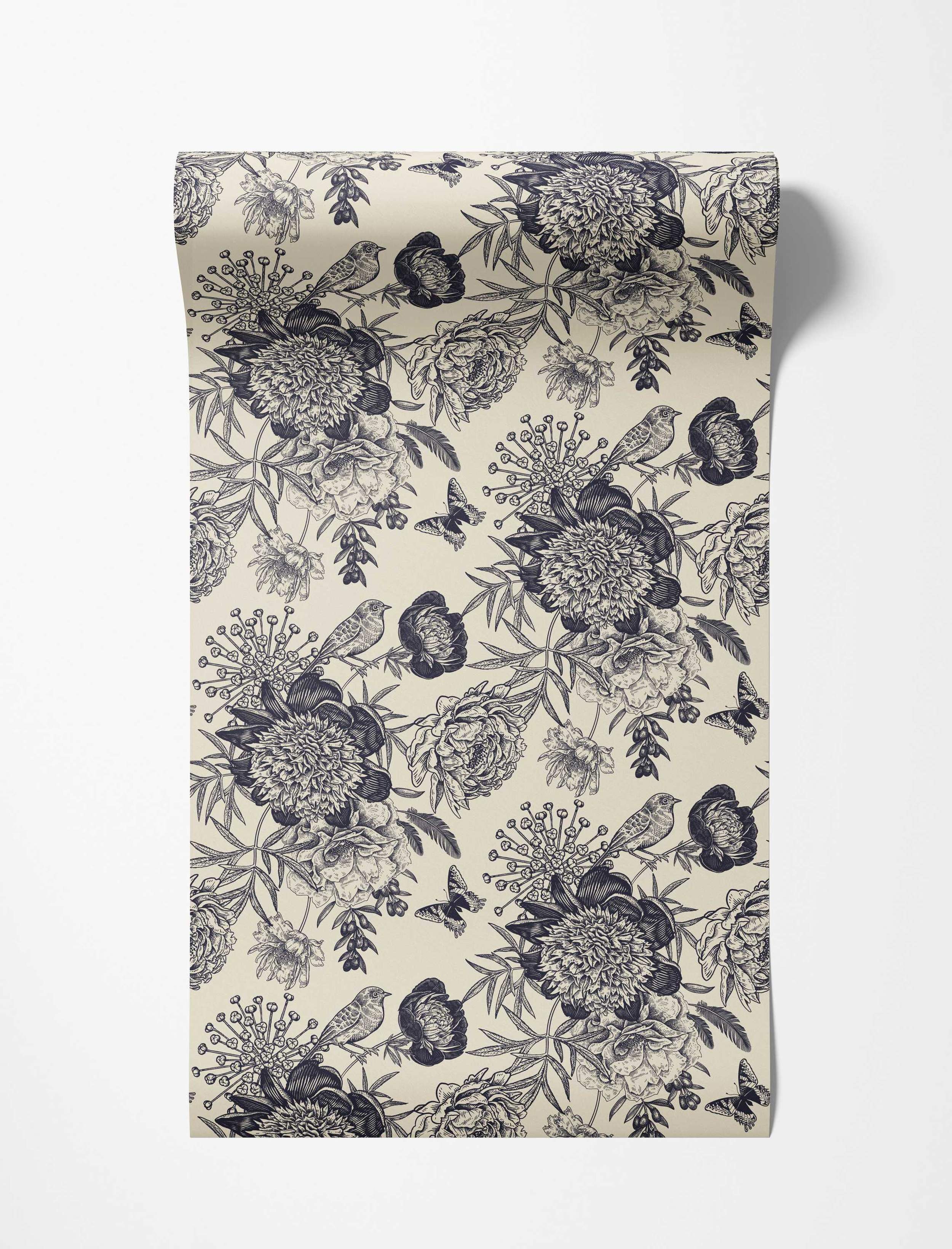 Vintage engraved floral wallpaper in black on cream featuring large peonies, birds, and butterflies.