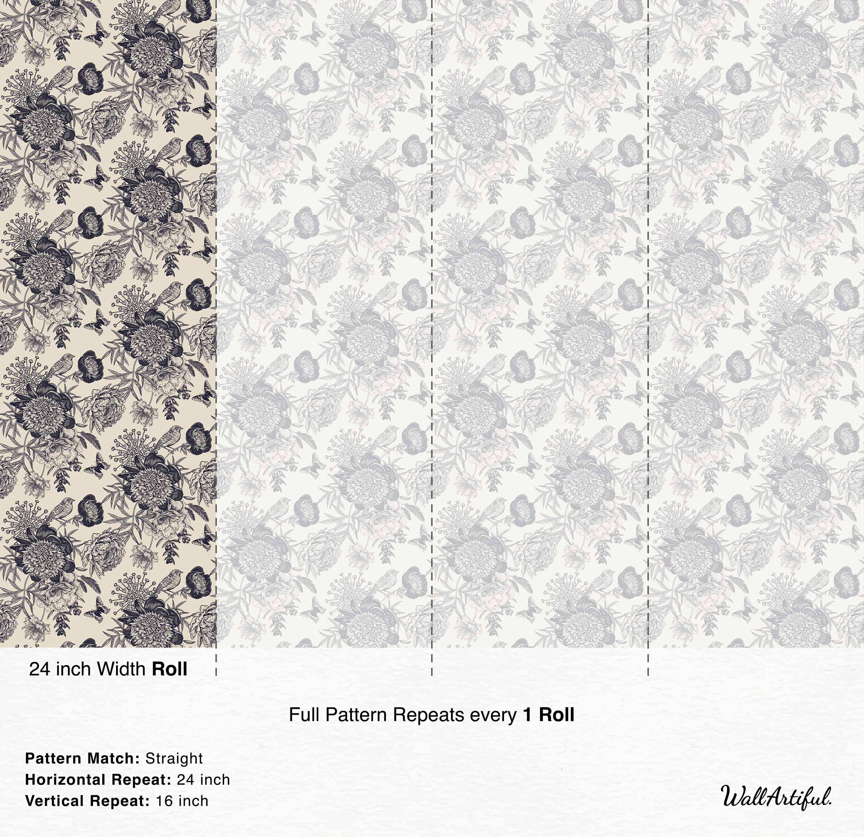 Vintage floral wallpaper featuring detailed dark gray illustrations of peonies, birds, and butterflies on a cream background.