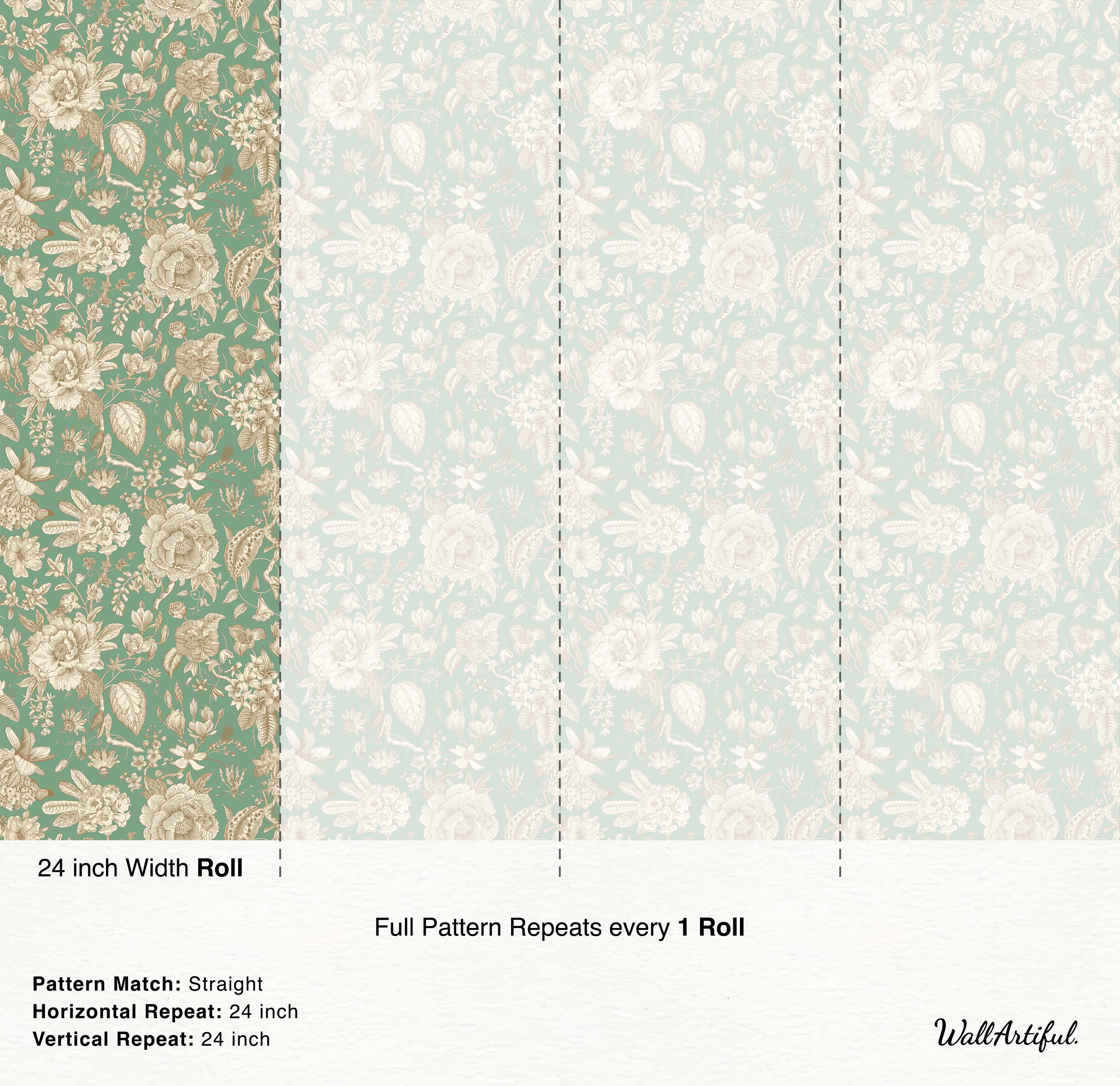 Vintage botanical wallpaper with cream and tan floral illustrations on a pale mint green background, repeating pattern.