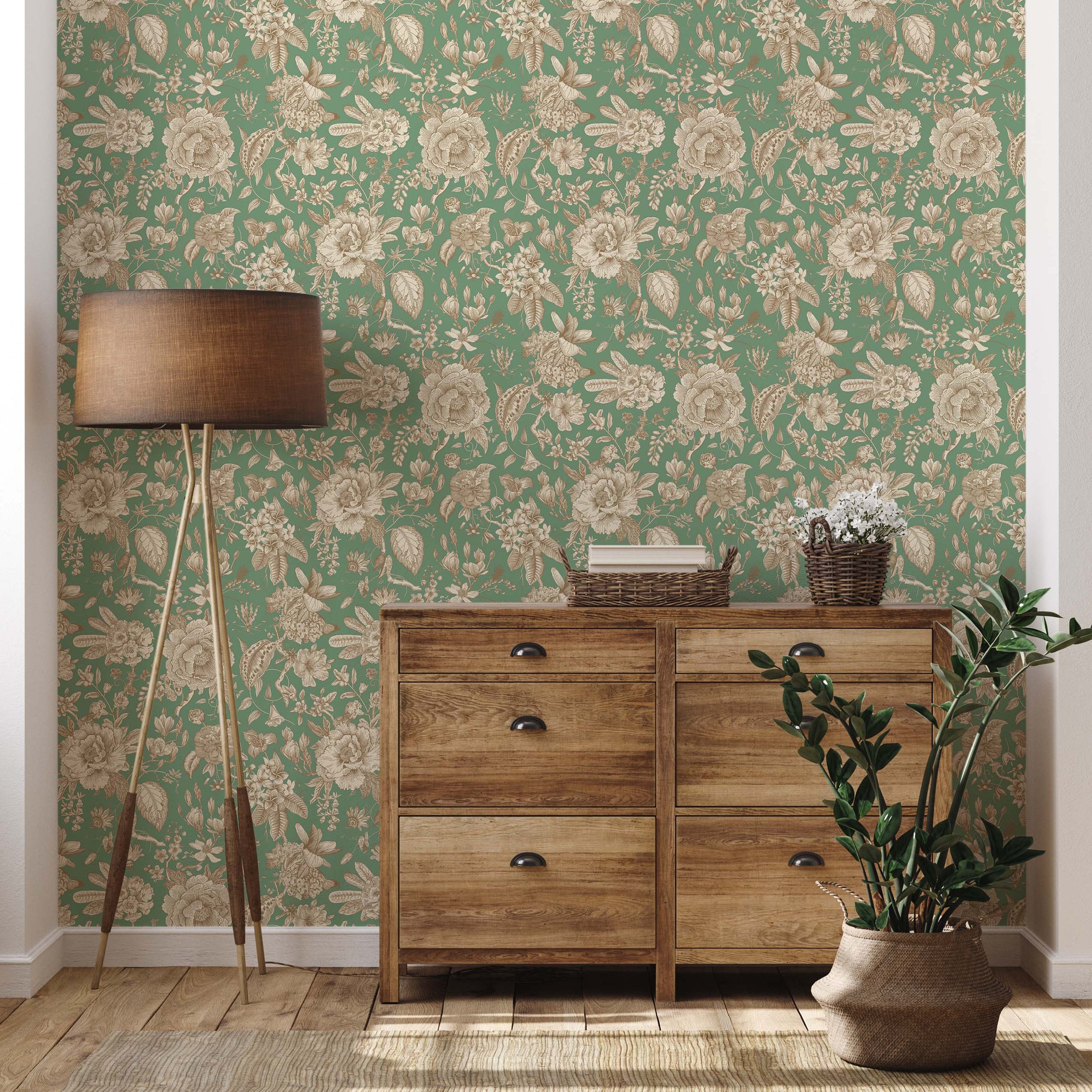 Vintage floral wallpaper featuring detailed beige and tan botanical illustrations on a muted green background.