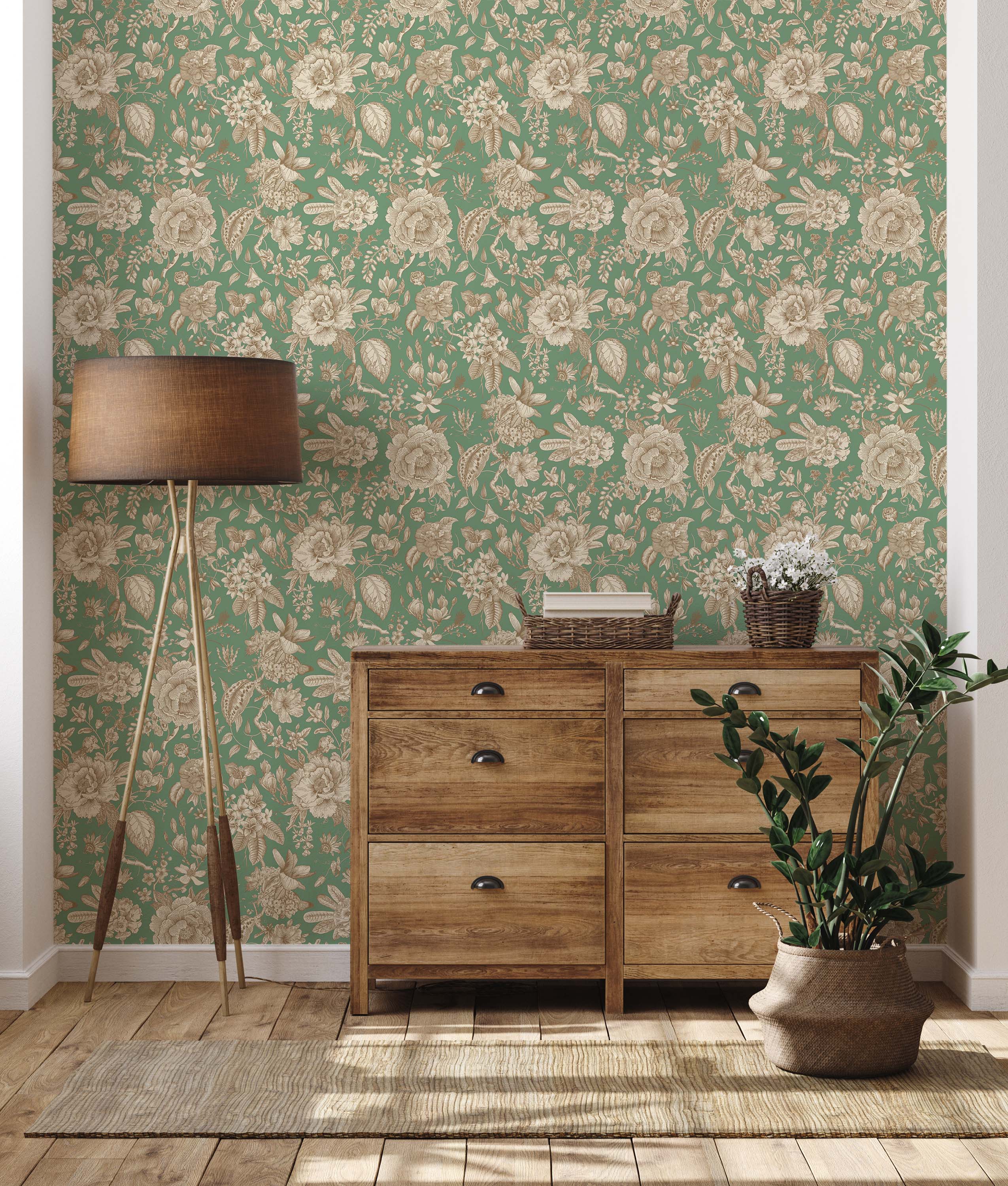 Vintage floral wallpaper featuring detailed beige and tan botanical illustrations on a muted green background.