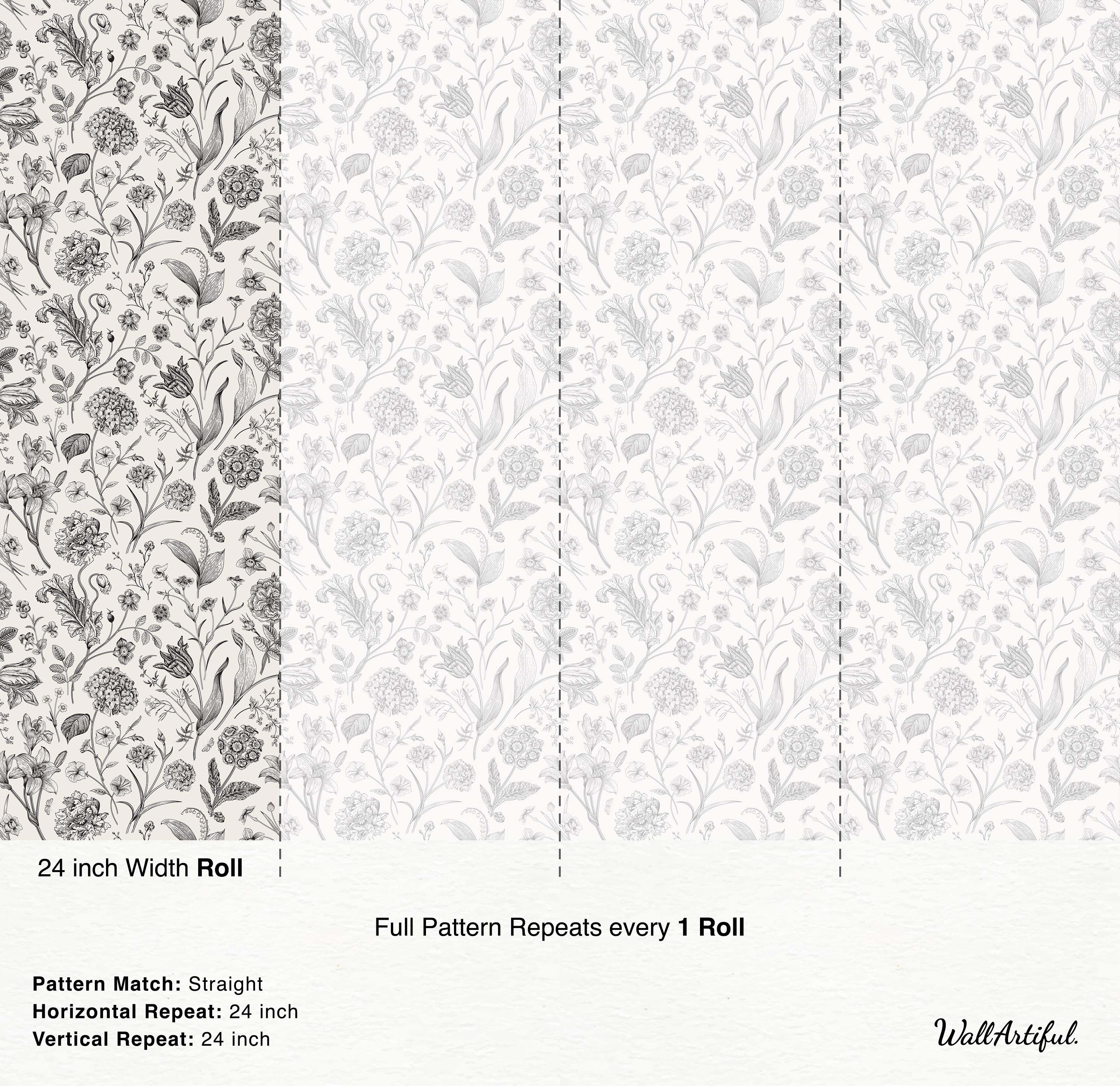 Vintage monochrome wallpaper featuring detailed floral and botanical line art on a light cream background.