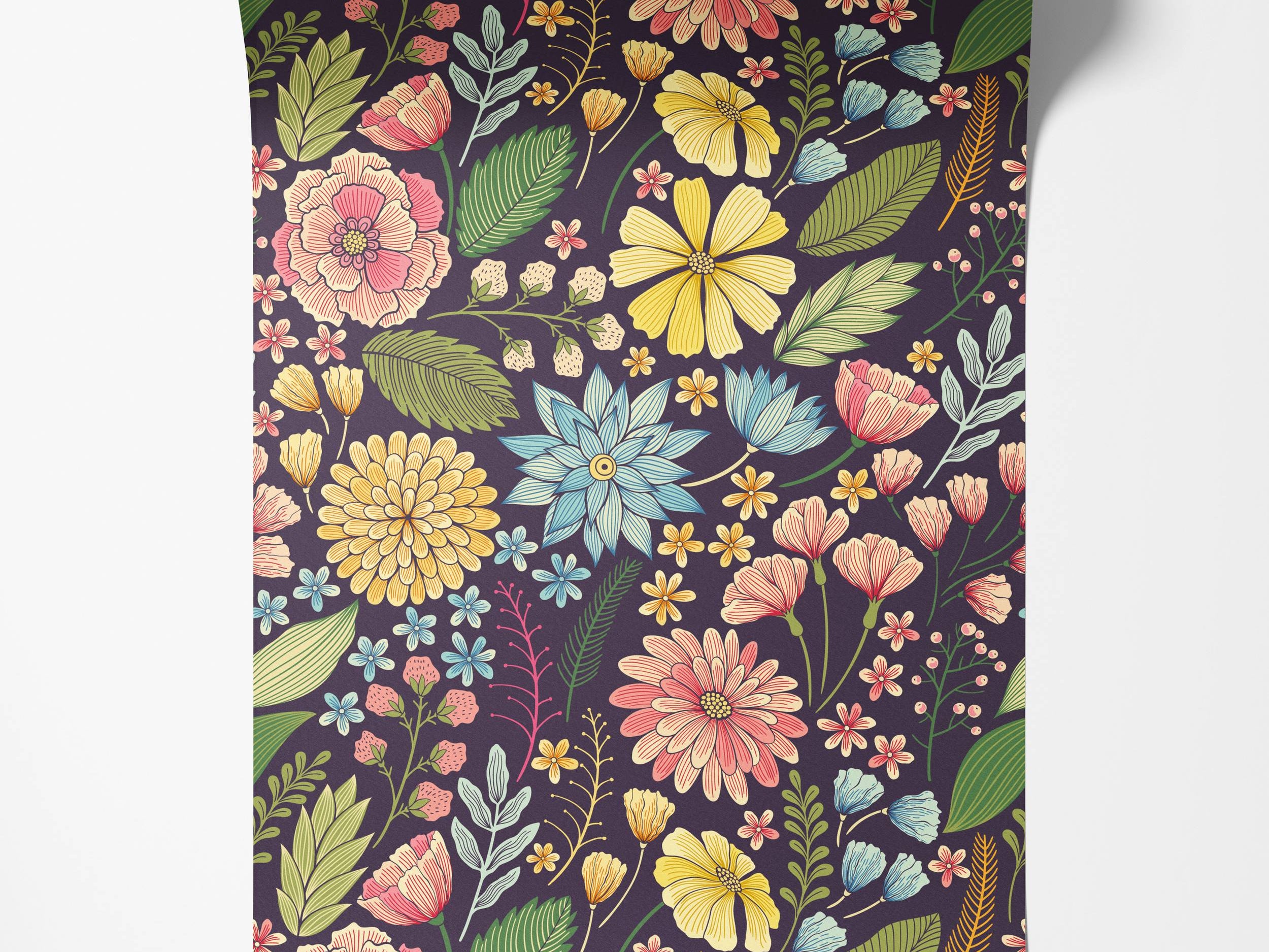 Vintage floral wallpaper with a dense pattern of multicolor flowers and green leaves on a dark purple background.