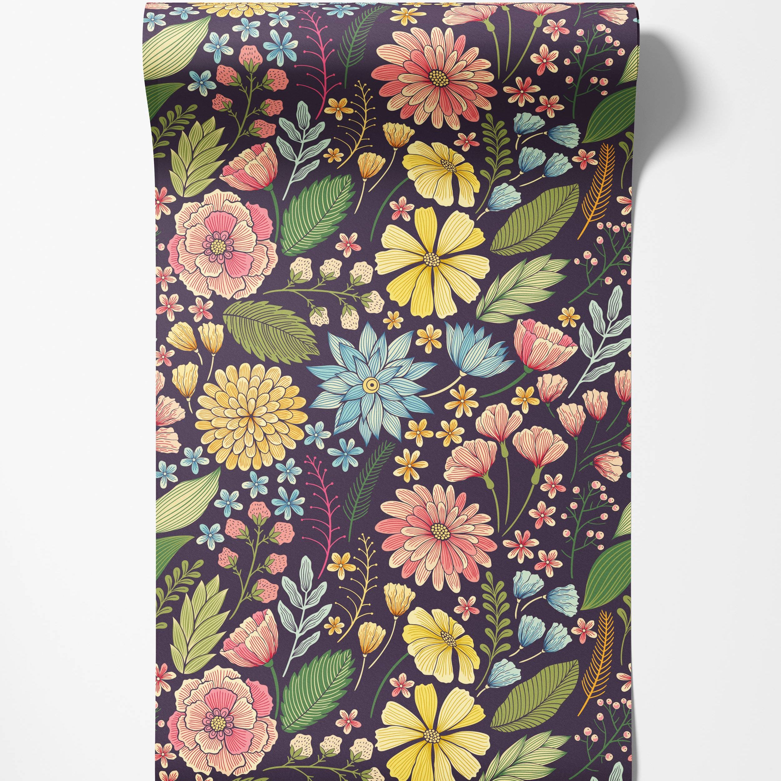 Vintage floral wallpaper with a dense pattern of multicolor flowers and green leaves on a dark purple background.