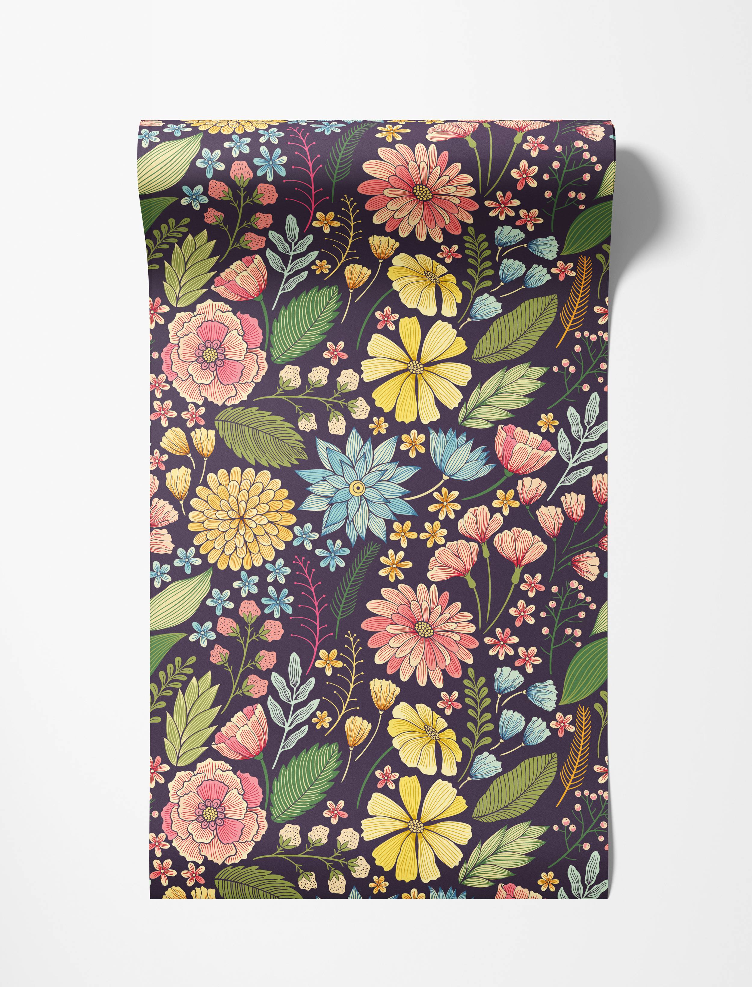 Vintage floral wallpaper with a dense pattern of multicolor flowers and green leaves on a dark purple background.