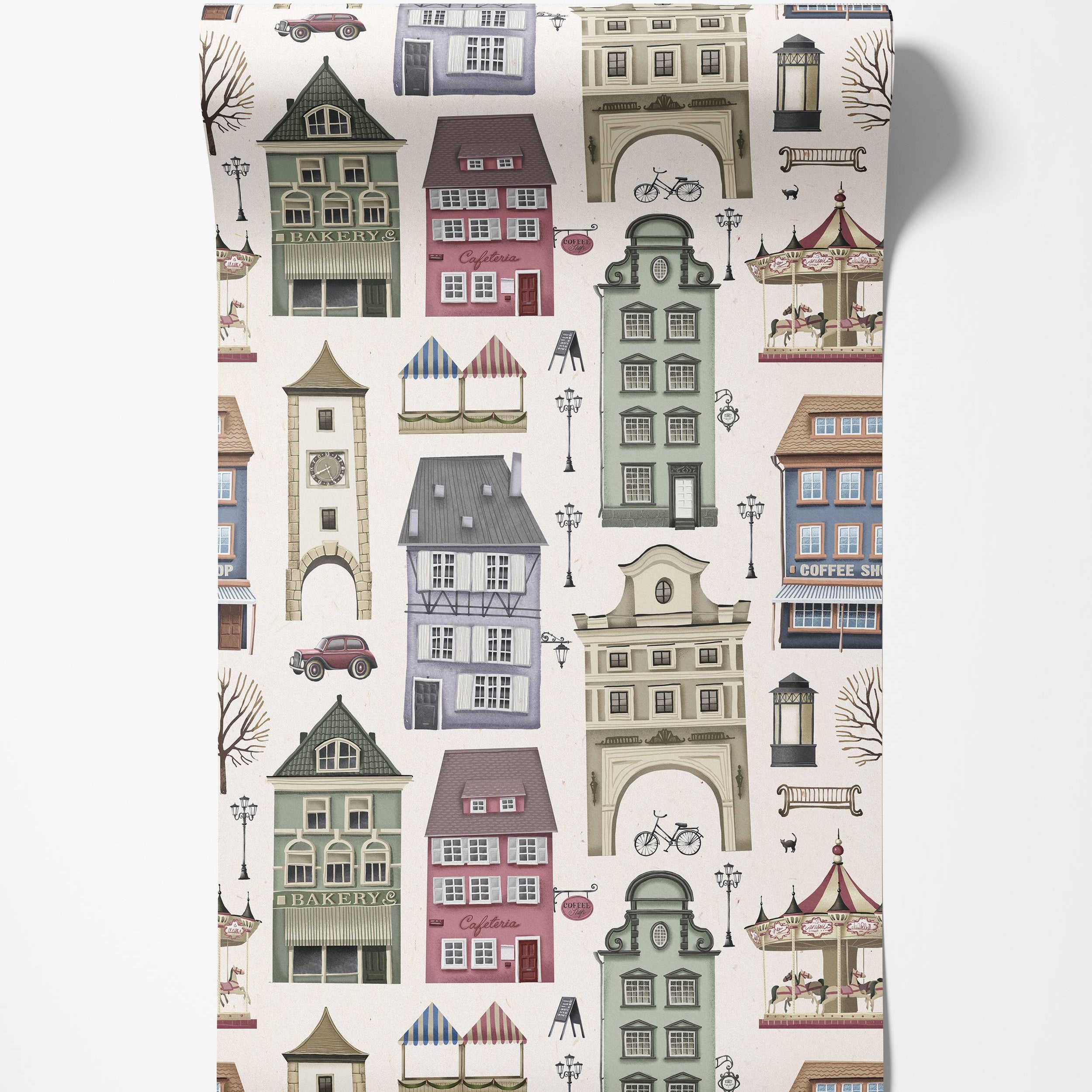 Vintage illustrated wallpaper with a repeating pattern of quaint European town buildings, a carousel, and street elements in soft hues.