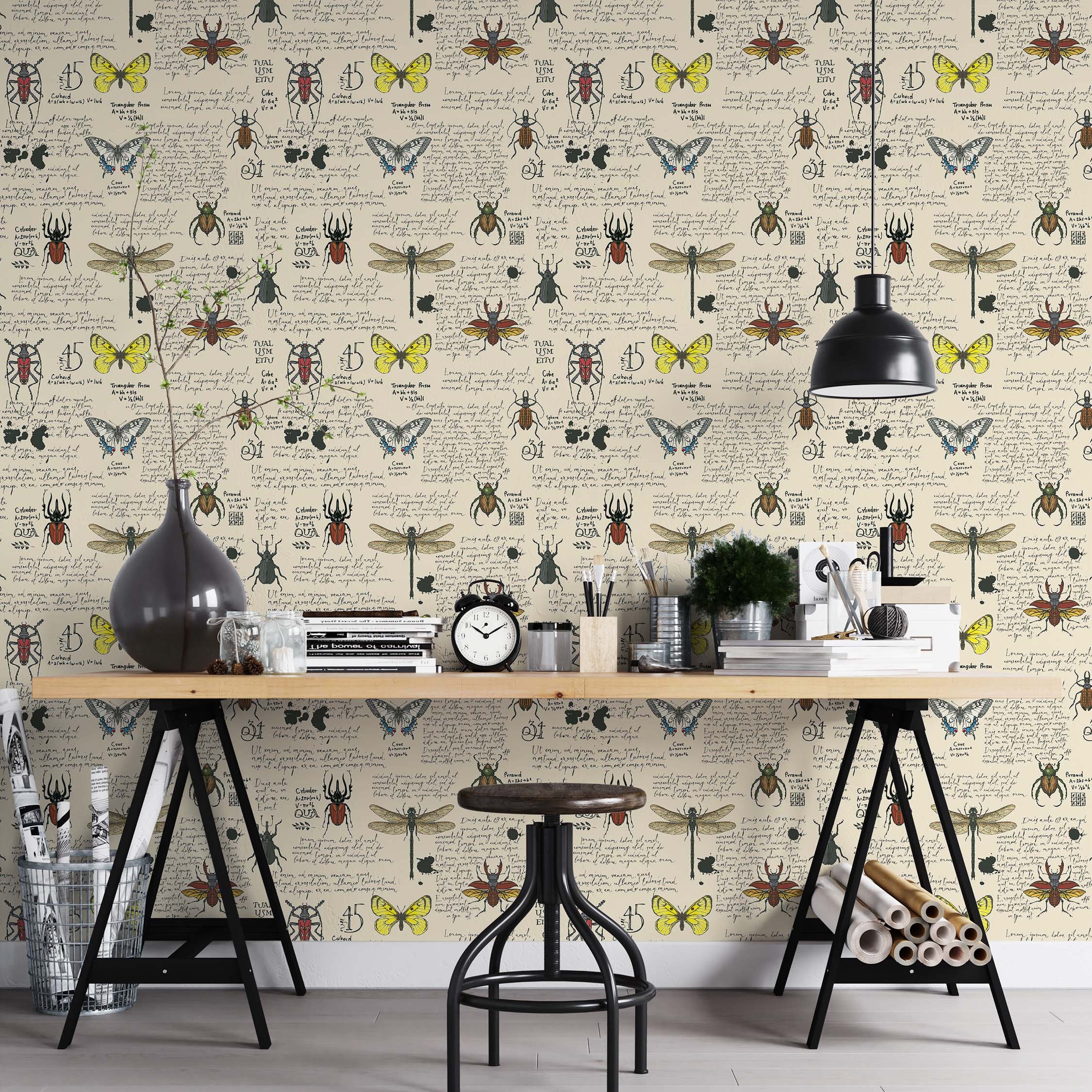 Vintage wallpaper with scientific illustrations of insects like beetles and butterflies over a background of handwritten script.