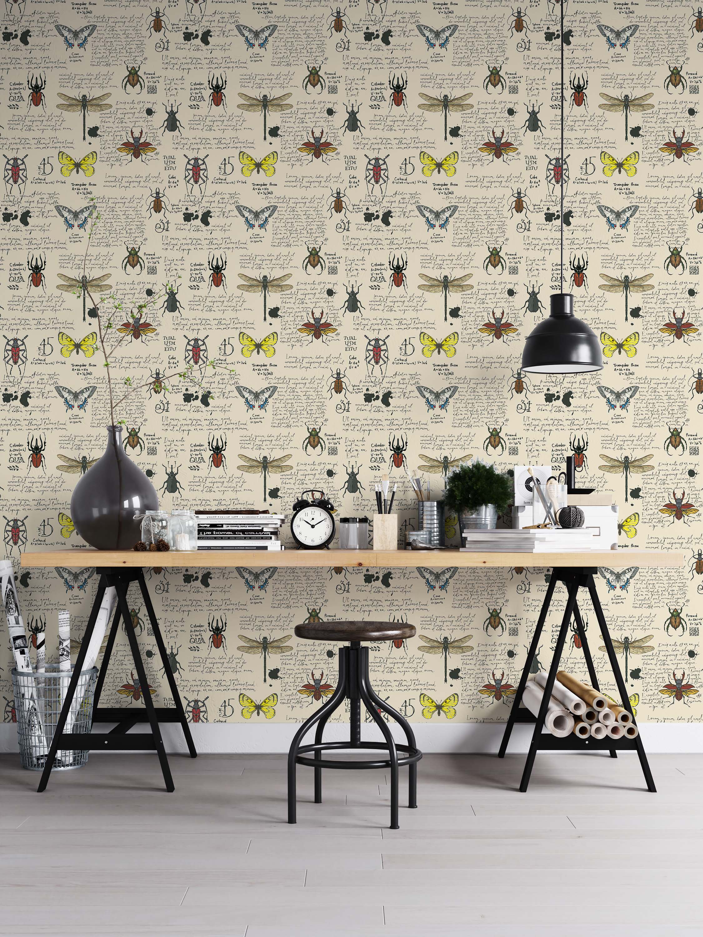 Vintage wallpaper with scientific illustrations of insects like beetles and butterflies over a background of handwritten script.